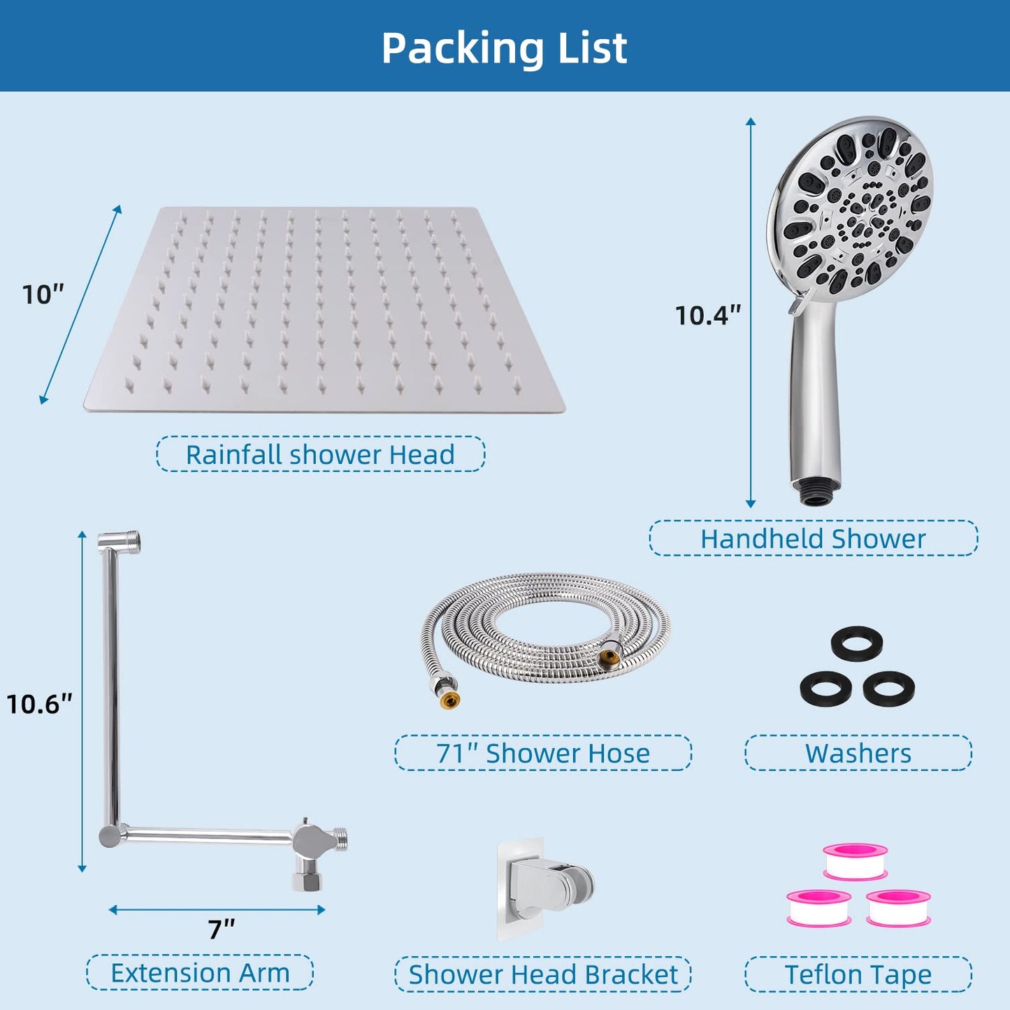 Hygie Rinse All Metal 10 Inches Rainfall Shower Head with 7-Spray Handheld Spray Combo, Adjustable Folded Extension Arm, 71 Inch Stainless Steel Shower Hose and 3 Settings Diverter, Chrome