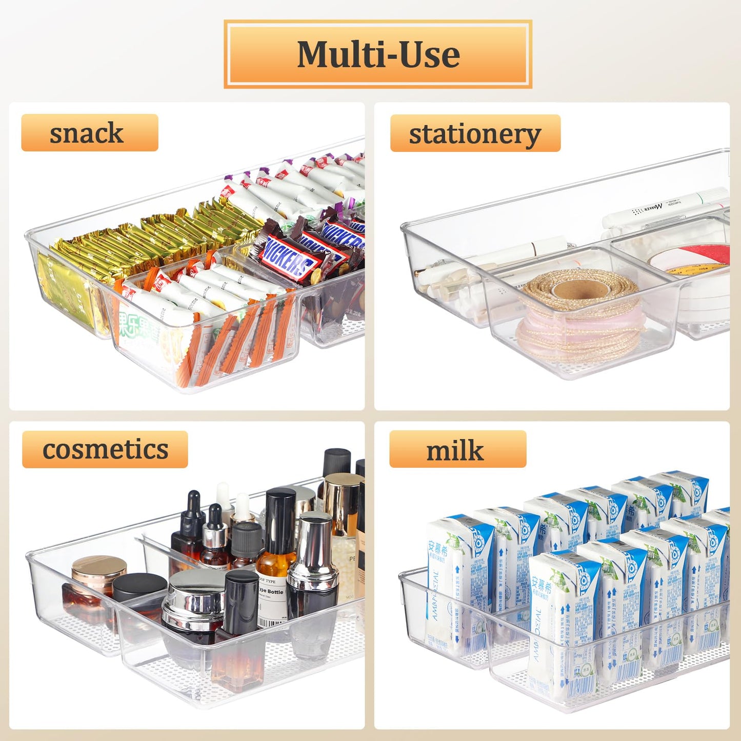 CherHome Drawer Organizer,2PCS Clear Organization and Storage Set,Desk Drawer Organizer Food Snack Organizer,Plastic Organizer Bins for Kitchen Drawer,Bathroom,Makeup and Office(13 X 8.9 X 2.3in)