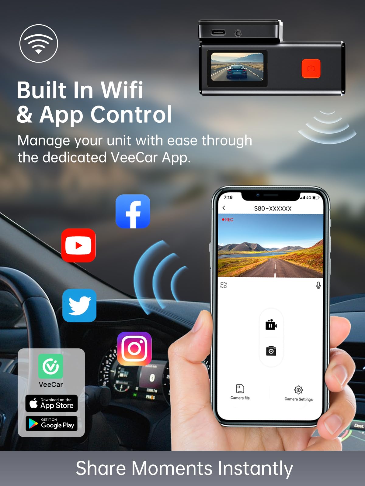 Dash Cam Front and Rear, Veement S80 4k+1080P Dual Dash Camera for Cars, WiFi Mini Car Camera,1.47” Display Dashcam,170°Wide, Night Vision,24H Parking Mode, G-Sensor,Loop Recording, Free 32G Card, App