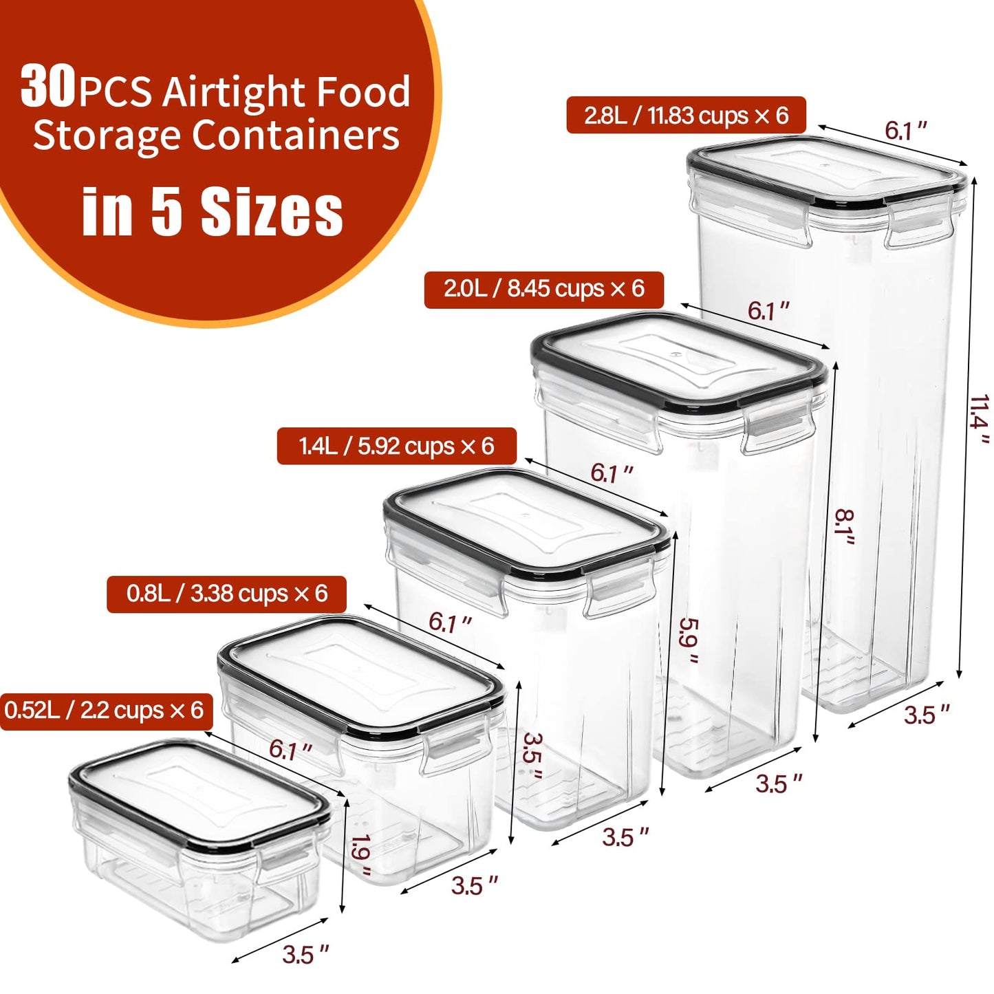 PRAKI 30 Pack Airtight Food Storage Containers for Kitchen Pantry Organization and Storage, BPA-Free, Plastic Storage Canisters with Lids - Cereal, Flour & Sugar, Include Labels, 6 Spoon & Marker