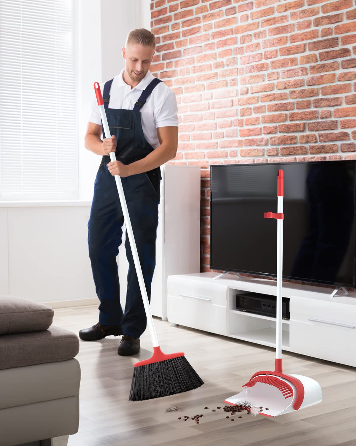 Broom and Dustpan Set, Broom and Dustpan Set Heavy Duty, Upgraded 52’’ Long Handle Broom and Dustpan Set for Home, Standing Broom with Dustpan Combo Set, Dust pan and Broom Combo for Home Office