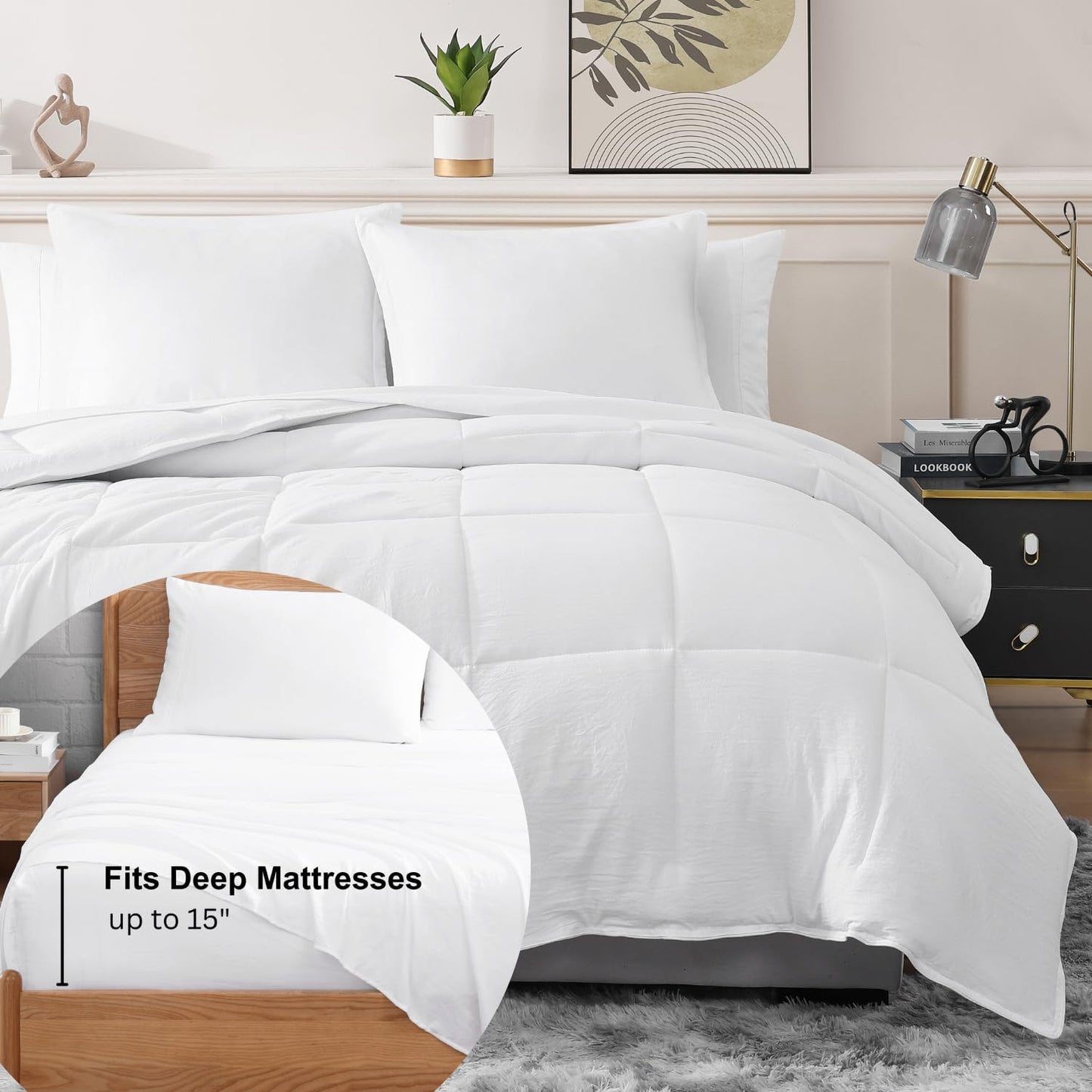 Casa Platino Twin Comforter Set - Pre-Washed 100% Brushed Microfiber Twin Bedding Sets - Soft Twin Comforter Set with Sheets includes Comforter, Flat Sheet, Fitted Sheet, 1 Pillowcase & 1 Sham – White