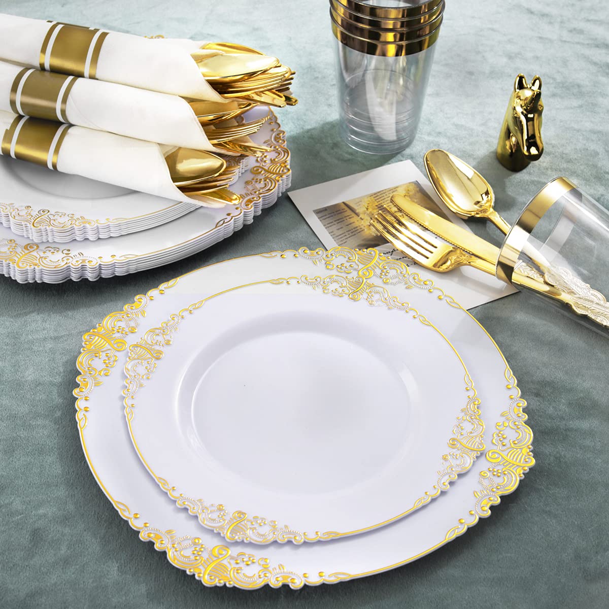 Nervure 350PCS White and Gold Plastic Plates & Pre Rolled Napkins with Plastic Cutlery for 50 Guests-Gold Disposable Plates, 150 Gold Plastic Silverware, 50Cups, 50Napkins for Wedding & Party