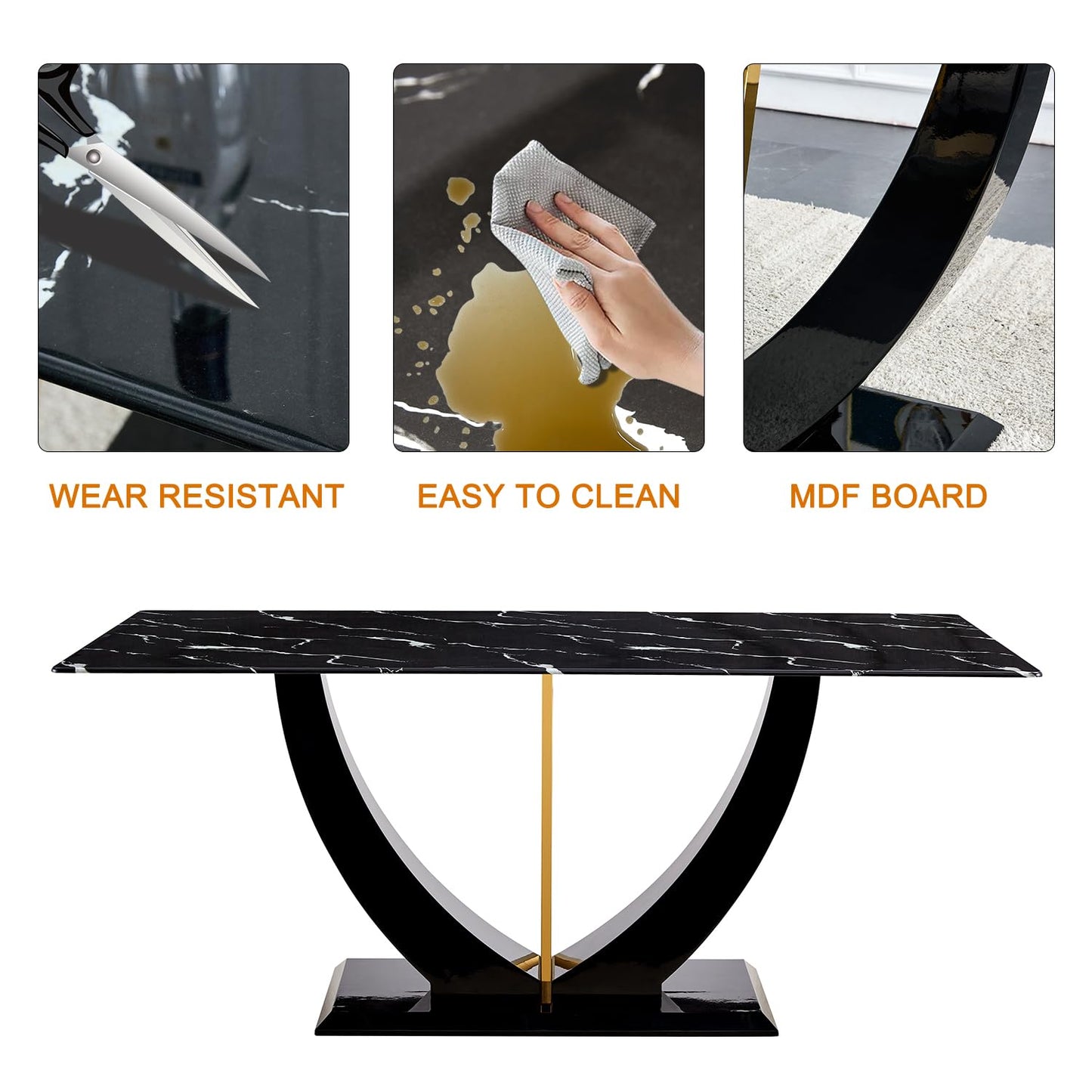 JUFU 71" Modern Dining Room Table Set for 6, Black Marble Faux Kichen Table Set with U-Shaped Base,Luxurious Rectangular Diner Table ANG Leather Dining Chairs with Golden Legs