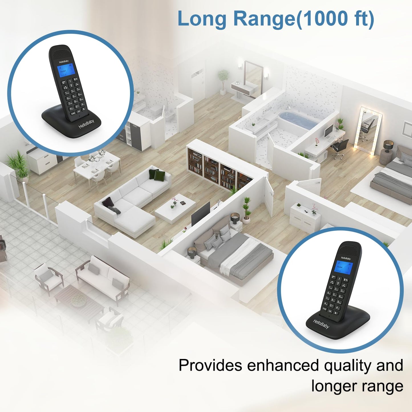 HelloBaby Cordless Phone with 2 Handsets, Advanced Call Block, Expandable Cordless Phone with Trilingual Caller ID/Call Waiting, Full-Duplex Handset Speakerphone(HB1688-2, Black)