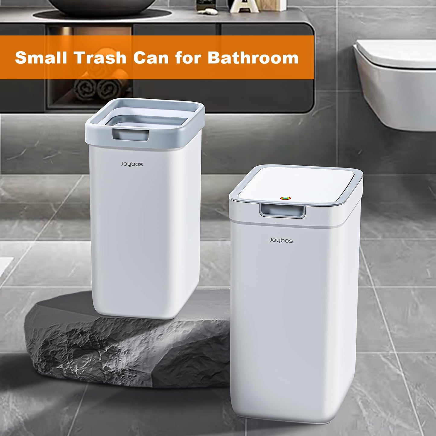 funest Bathroom Trash Can, 2 Pack Small Trash Can, S02 Plastic Waste Basket for Bedroom, Narrow Trash Bin for Home and Office, 3.6 Gal (Press top lid) + 2.4 Gal (Open lid)