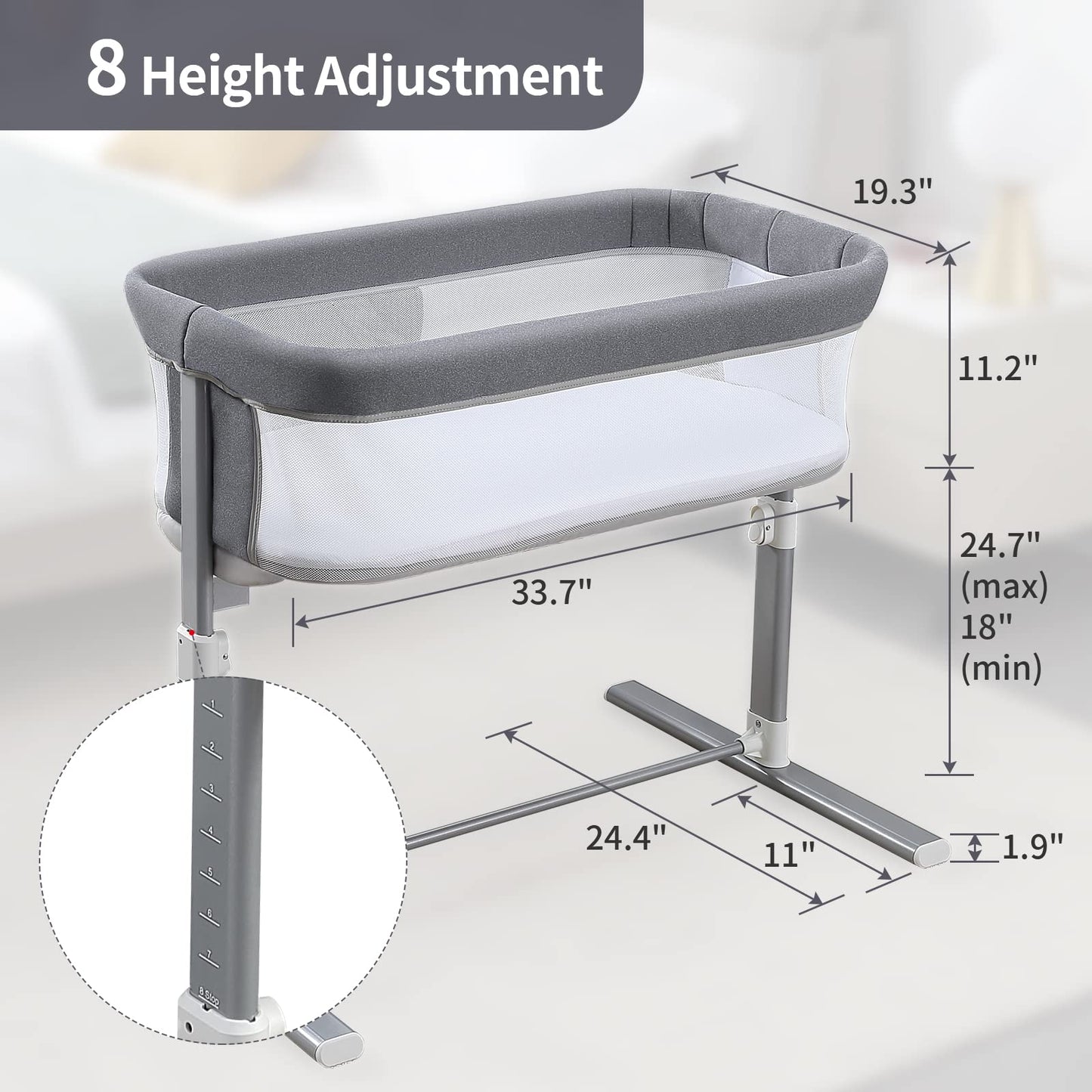 Yacul Baby Bassinet, Bedside Crib Co Sleeper for Newborns, Lighweight Portable Bassinet for Baby, Adjustable Height, Waterproof and Detachable Mattress Included, Light Grey
