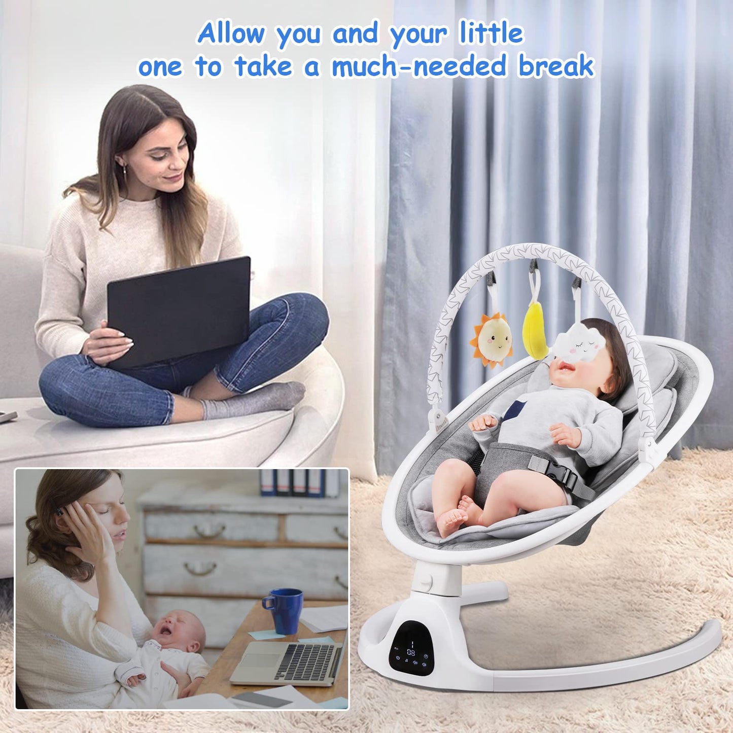 Baby Swing, Newborn Essentials Baby Must Haves Bouncer with Mat & Pillow for Infants 0-12 Months, 5 Speeds, Remote/Touch Control, Indoor & Outdoor Use