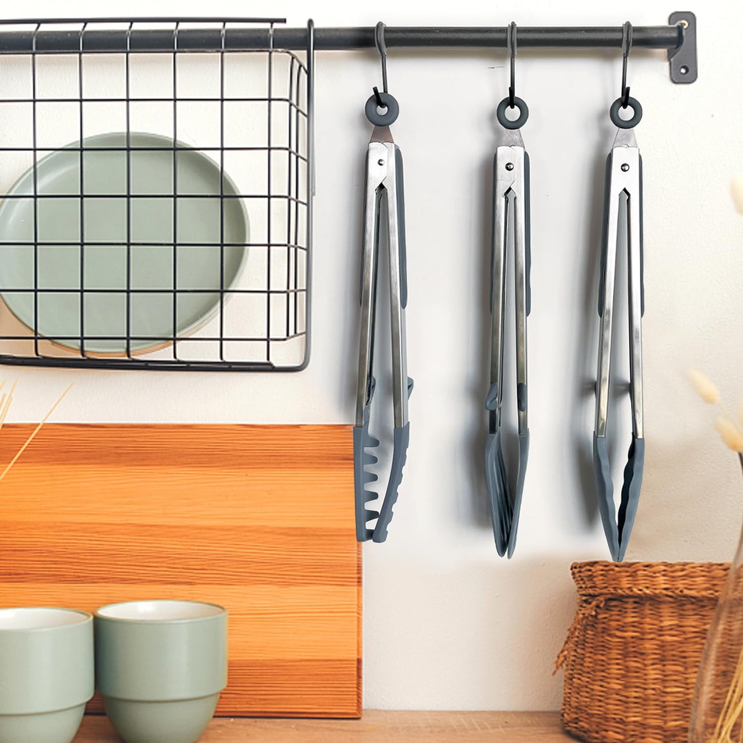Kitchen Tongs, 12" Tongs for Cooking with Silicone Tips, Food Grade Small Silicone Tongs, 3 Types of Mini Serving Tongs for BBQ Salad, Grey
