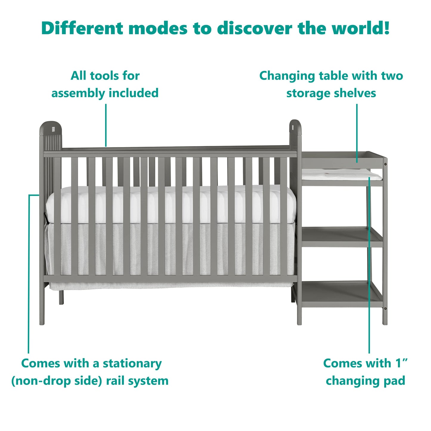 Dream On Me Anna 3-in-1 Full-Size Crib and Changing Table Combo in Steel Grey, Greenguard Gold Certified, Non-Toxic Finishes, Includes 1" Changing Pad, Wooden Nursery Furniture