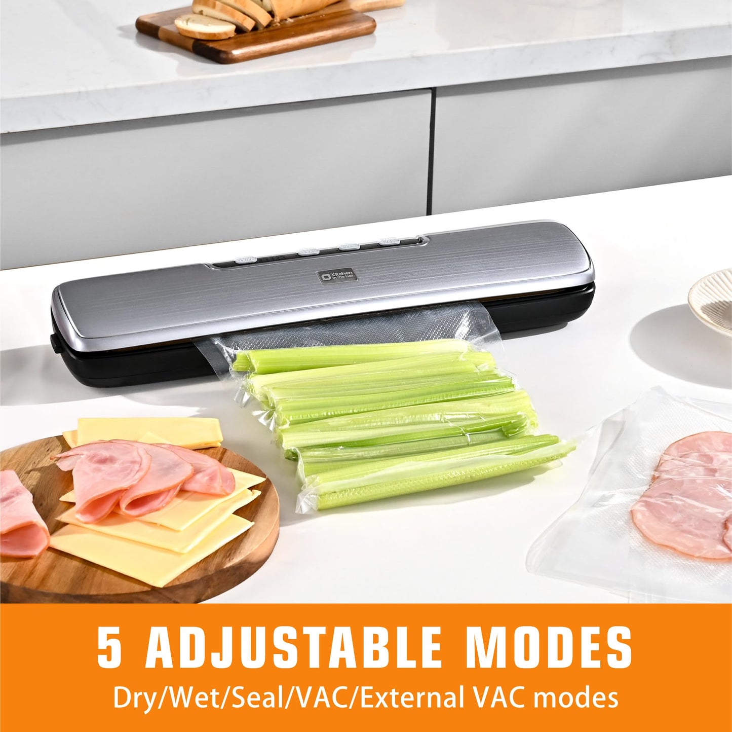Vacuum Sealer Machine,Kitchen in the box Food Sealer Machine for Food Storage,Dry/Wet/Seal/Vac/External Vac Modes & 5 Sealing Temperatures,Automatic Air Sealer with 15Pcs Vacuum Seal Bags,Grey