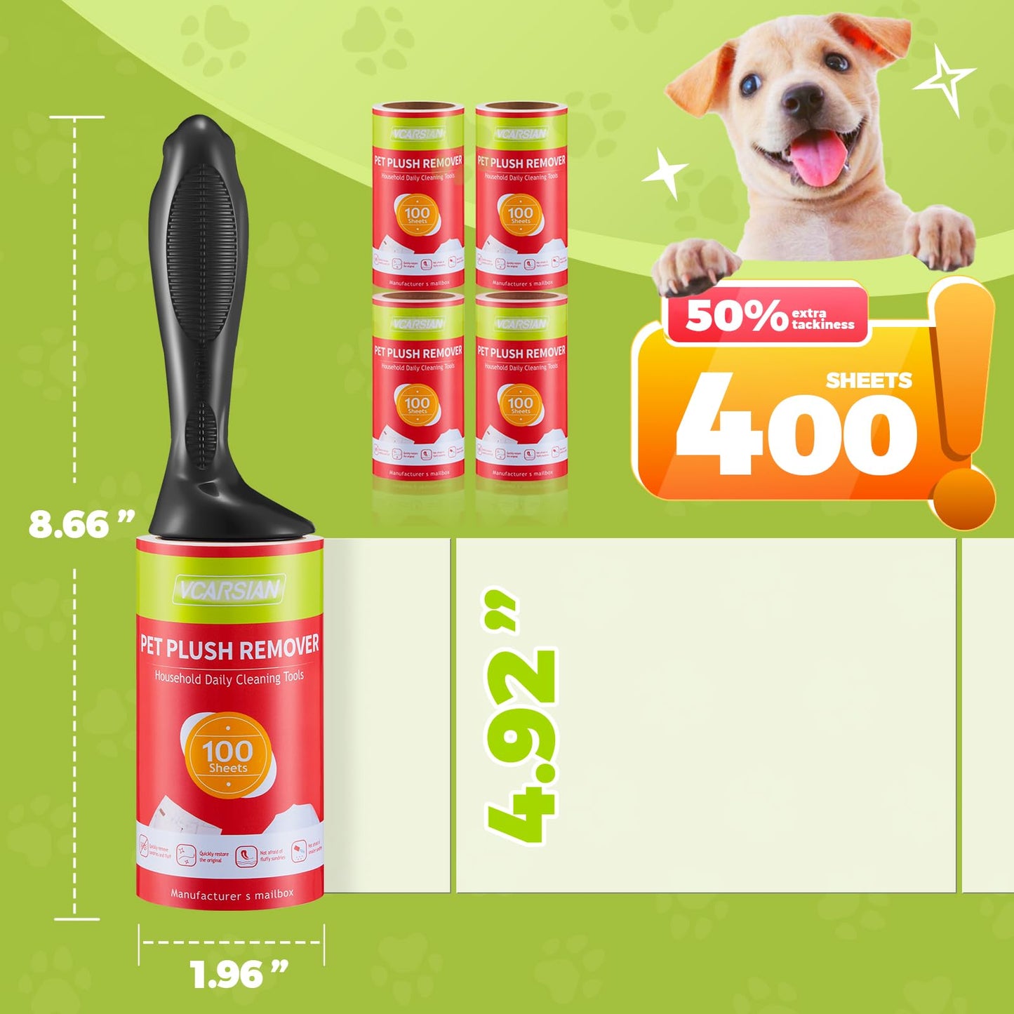 Vcarsian Lint Roller, Pet Hair Remover with 2 Enhanced Handles and 4 Rollers, Extra Sticky Portable Lint Remover for Clothes, Furniture and Pet Hair