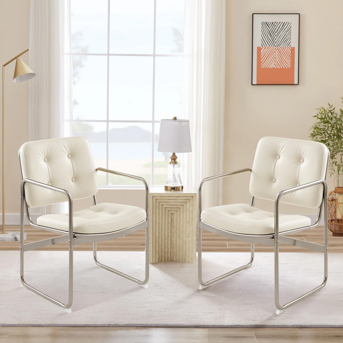 COLAMY Modern Dining Chairs Set of 2, Button Tufted PU Leather Upholstered Dining Room Kitchen Side Chair with Metal Legs for Home/Living Room/Bedroom/Office, Beige