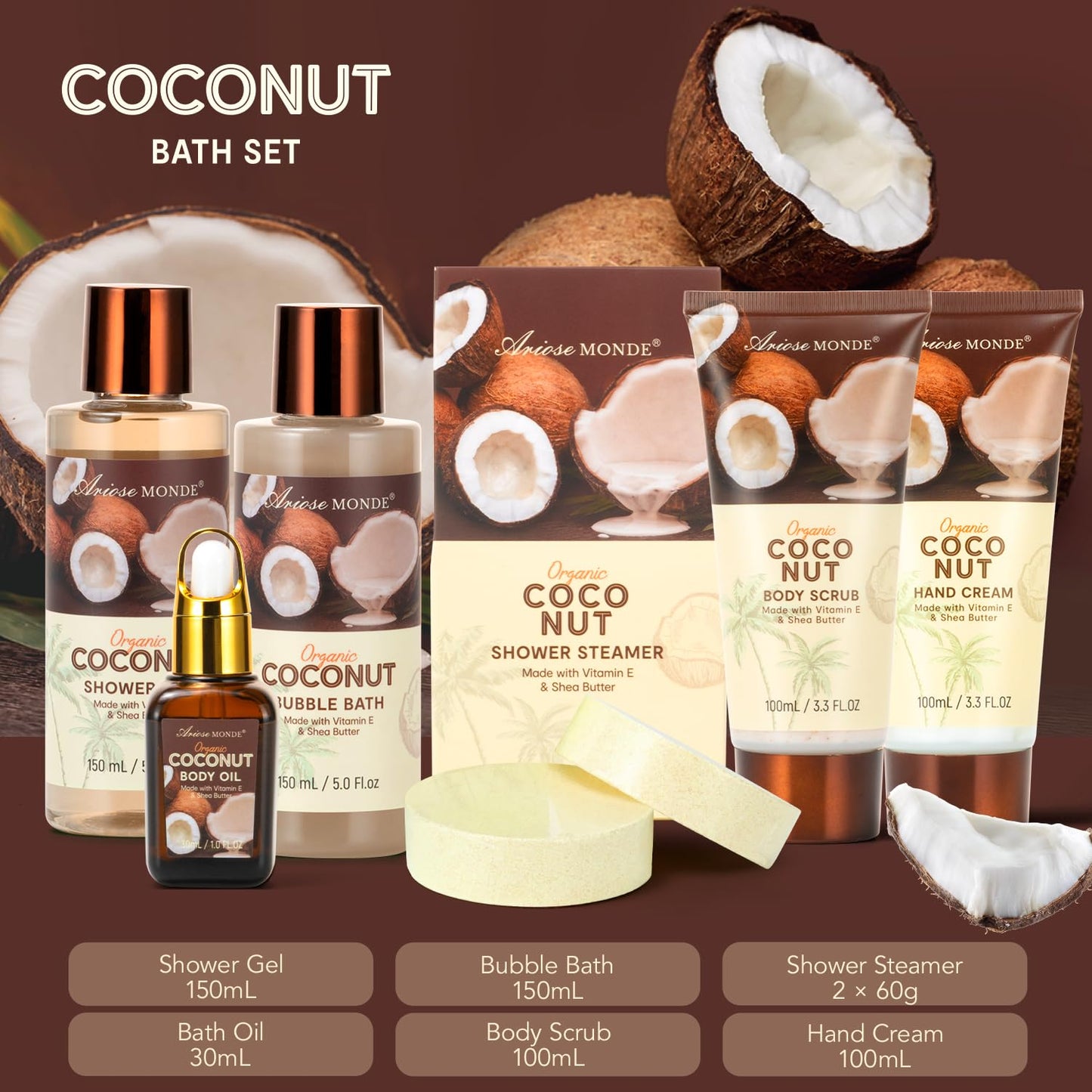 Spa Gift Basket for Women, Coconut Luxury Gift Set with Shower Gel, Bubble Bath, Hand Cream, Bath Soap, Bath Salt, Essential Oil, Luxury Bath and Body Gift Kit for Christmas