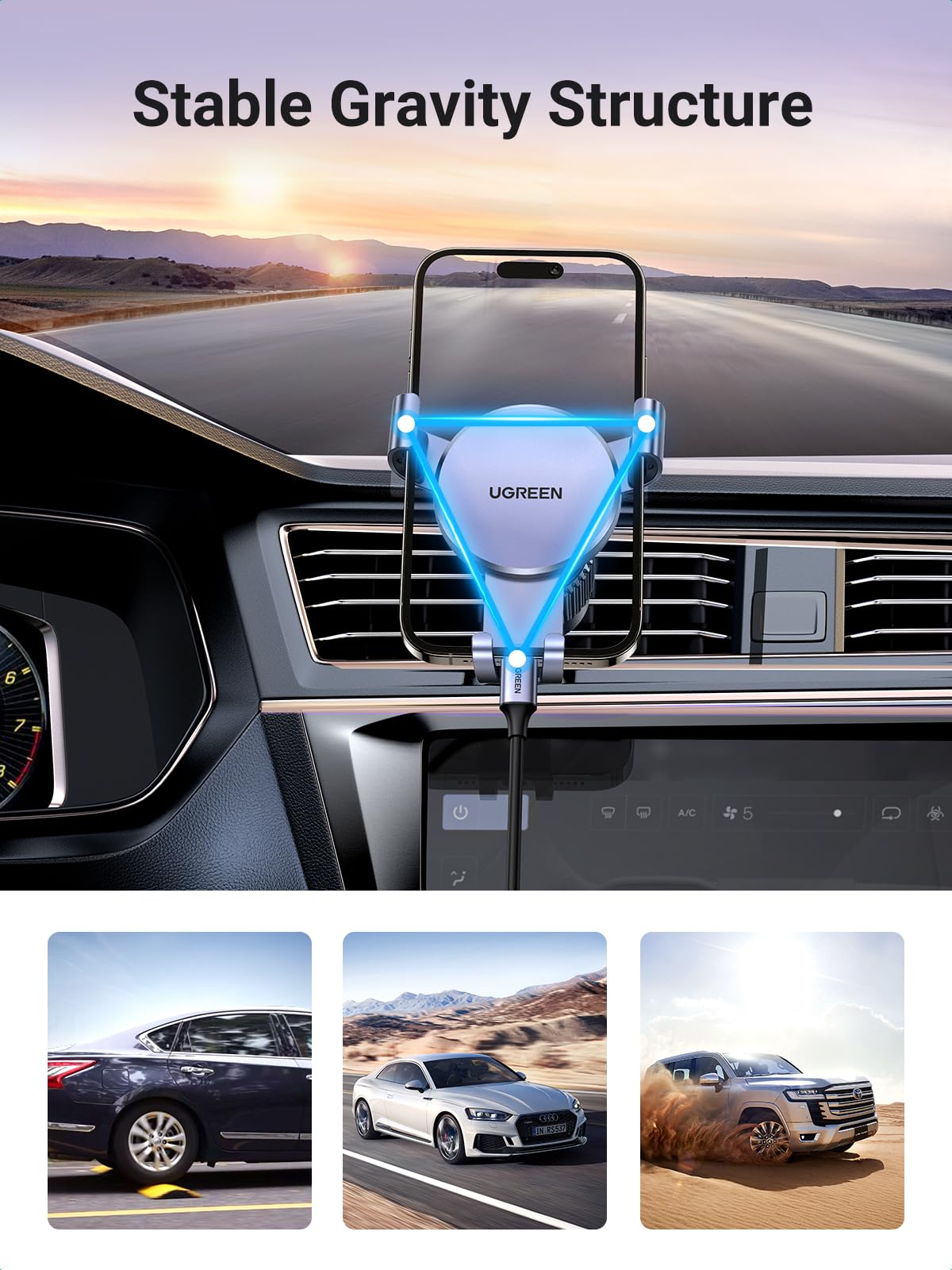 UGREEN Car Phone Holder Air Vent Gravity Car Phone Mount Aluminum Cradle Compatible with iPhone 15 14 13 12 11 Pro Max Mini Xs XR X, Space Grey