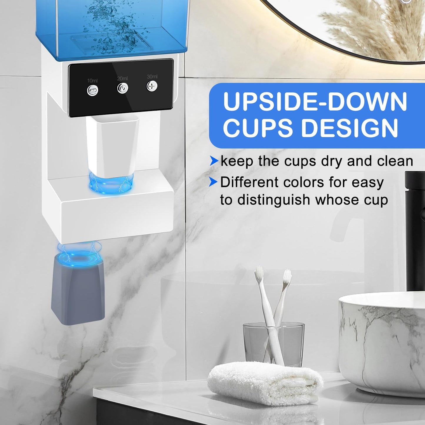 Automatic Mouthwash Dispenser Touchelss 750ML (25 oz) Wall Mounted Mouth Wash Dispenser with Magnetic Cups for Bathroom and Washroom