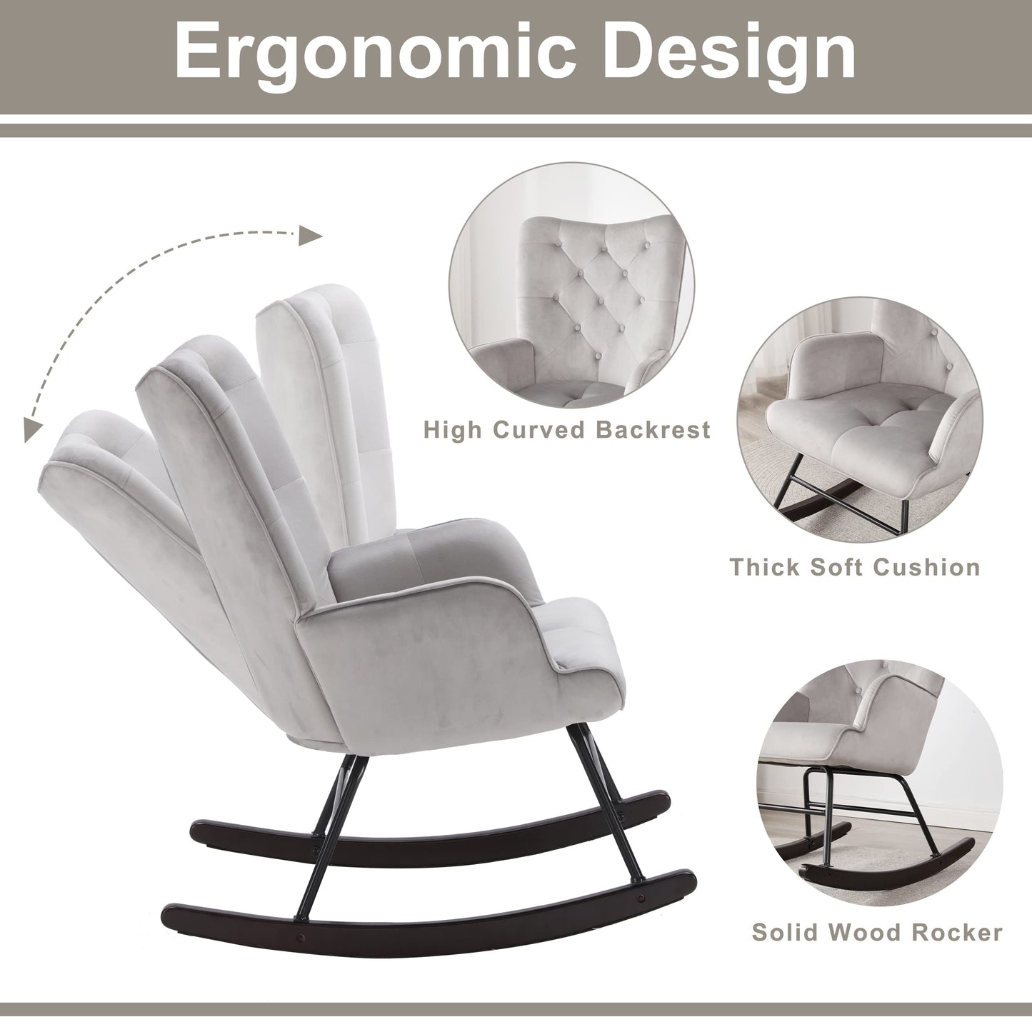 Iroomy Velvet Rocking Chair Nursery Glider Chair, Comfy Nursery Rocking Chairs W/Ottoman, Small Nursing Chair Rocking Chair Indoor, Modern Nursery Chair Rocker for Baby/Kids Living Room/Bedroom-Grey