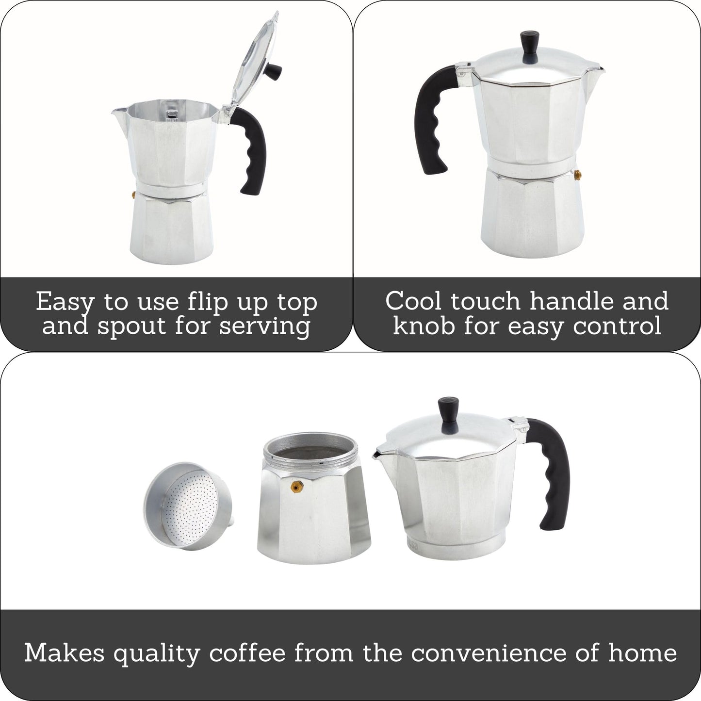 IMUSA USA B120-42V Aluminum Espresso Stovetop Coffeemaker 3-Cup, Silver