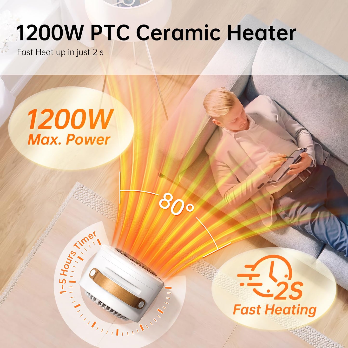 DTZY Electric Space Heater Indoor, 1200W PTC Fast Heating Ceramic, Overheating & Tip Over Protection, 5H Timer, 3 Modes, Portable Electric Heater for Bedroom, Office and Indoor Use