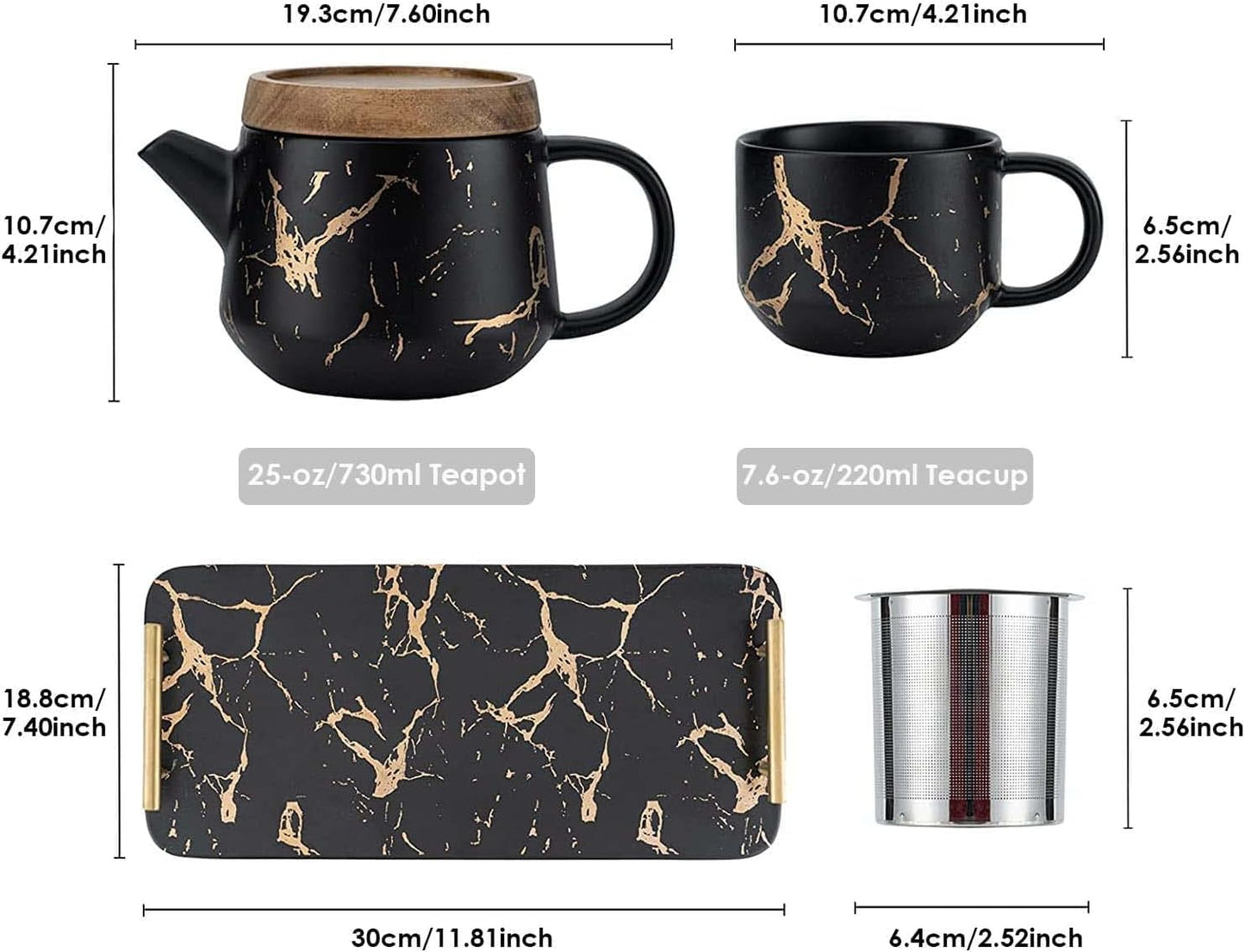 Black Tea Set, 25oz Tea Pot Sets with Infuser, 4 Tea Cups and Porcelain Tray, Luxury Tea Sets for Women with Modern Marble Design, Tea Gift Set for Tea Lovers, Woman and Men
