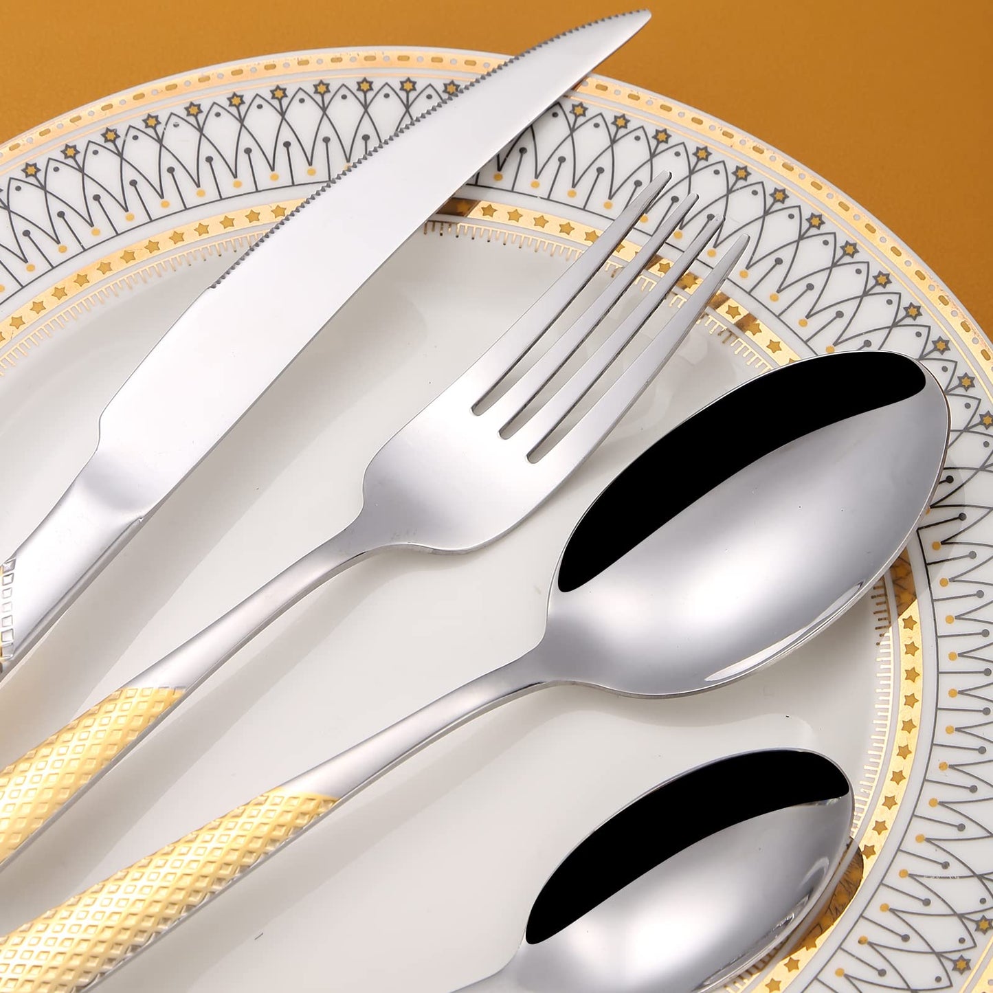A·HOUSEWARE Hammered Silverware Set Gold and Silver 20 Pieces Stainless Steel Cutlery Flatware Sets for 4 Forks Spoons with Patten Handle Dishwasher Safe Heavy Duty