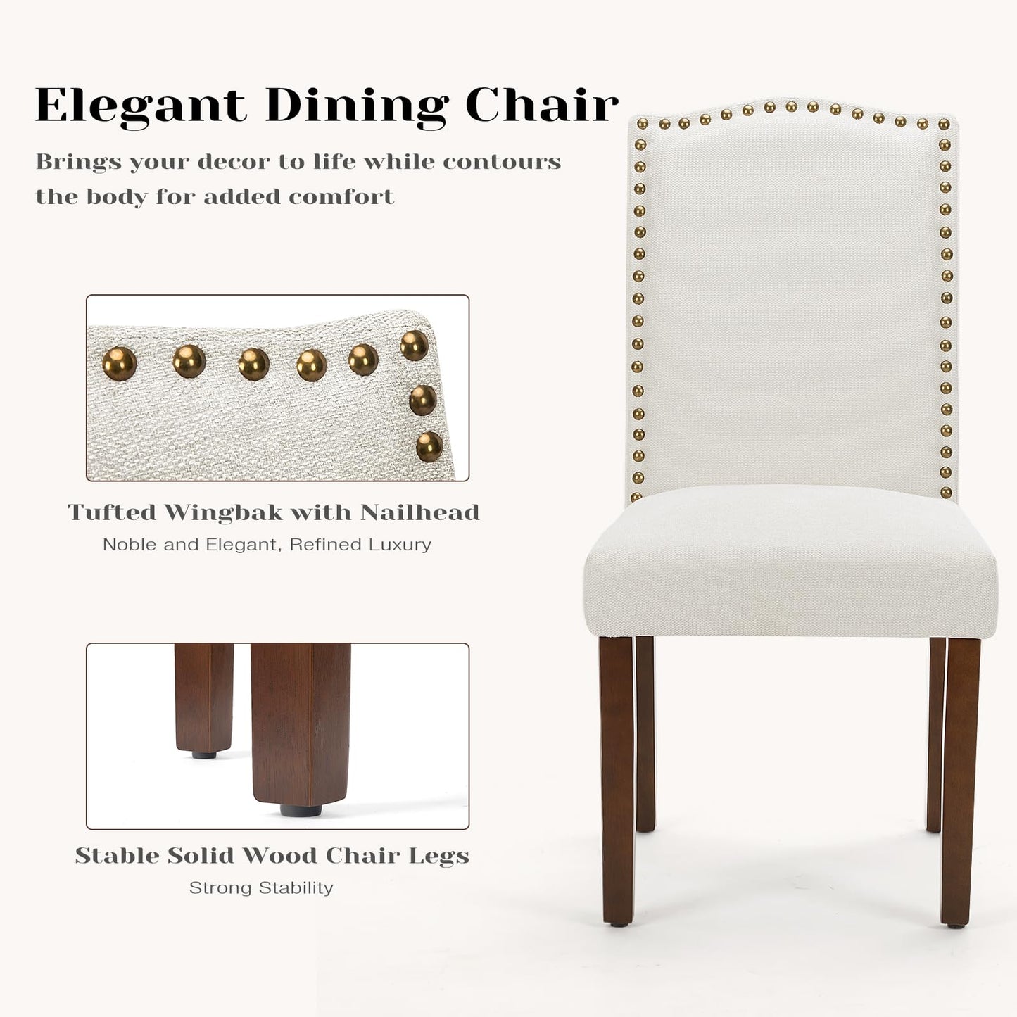 DUMOS Dining Chairs Set of 6, Fabric Dining Room Chairs, Upholstered Parsons Chairs with Nailhead Trim and Wood Legs, Kitchen Side Chair for Living Room,Bedroom, Kitchen, Beige