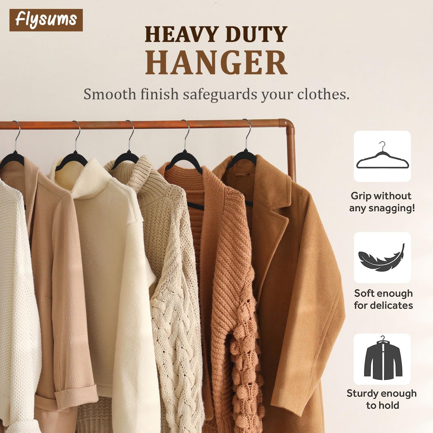 Flysums Premium Velvet Hangers 50 Pack with 10 Bonus Plastic Hangers, Heavy Duty Study Black Hangers for Coats, Pants & Dress - Non Slip Clothes Hanger Set - Space Saving Felt Hangers for Clothing