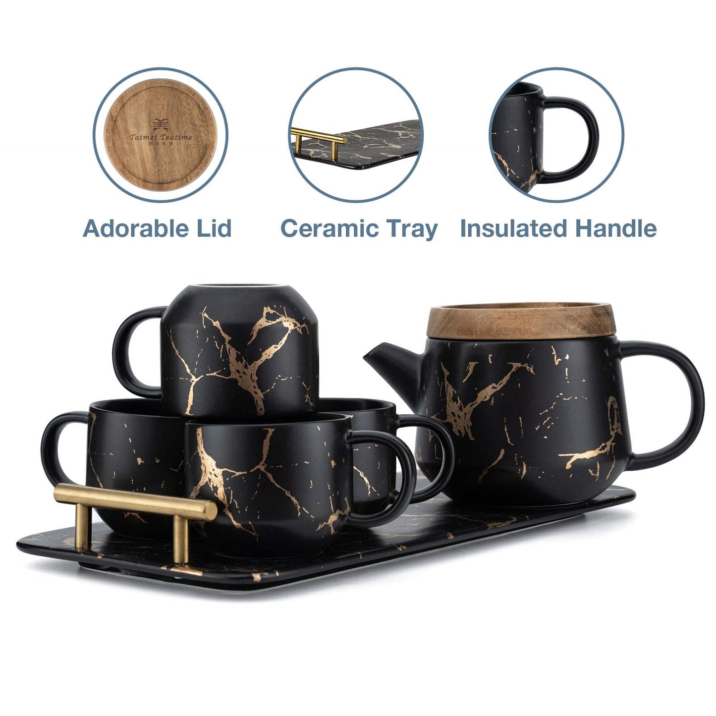 Black Tea Set, 25oz Tea Pot Sets with Infuser, 4 Tea Cups and Porcelain Tray, Luxury Tea Sets for Women with Modern Marble Design, Tea Gift Set for Tea Lovers, Woman and Men