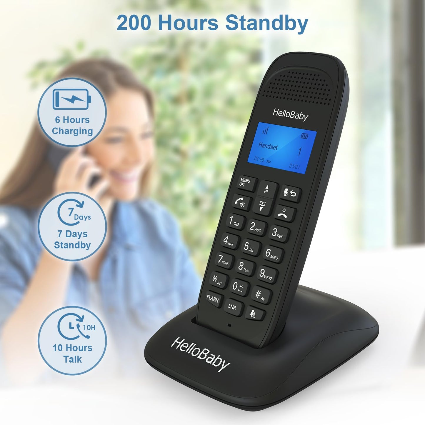 HelloBaby Cordless Phone with 2 Handsets, Advanced Call Block, Expandable Cordless Phone with Trilingual Caller ID/Call Waiting, Full-Duplex Handset Speakerphone(HB1688-2, Black)