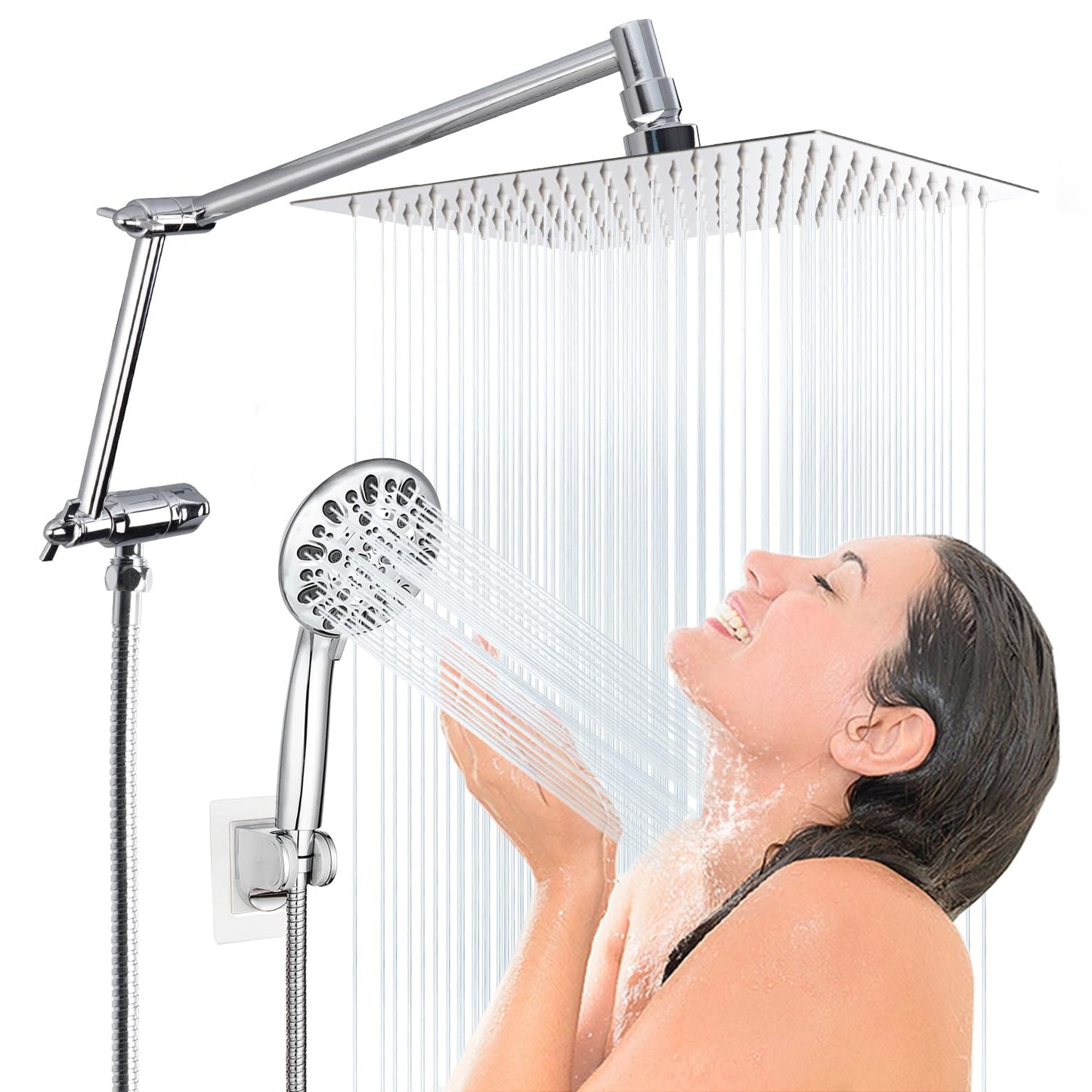 Hygie Rinse All Metal 10 Inches Rainfall Shower Head with 7-Spray Handheld Spray Combo, Adjustable Folded Extension Arm, 71 Inch Stainless Steel Shower Hose and 3 Settings Diverter, Chrome