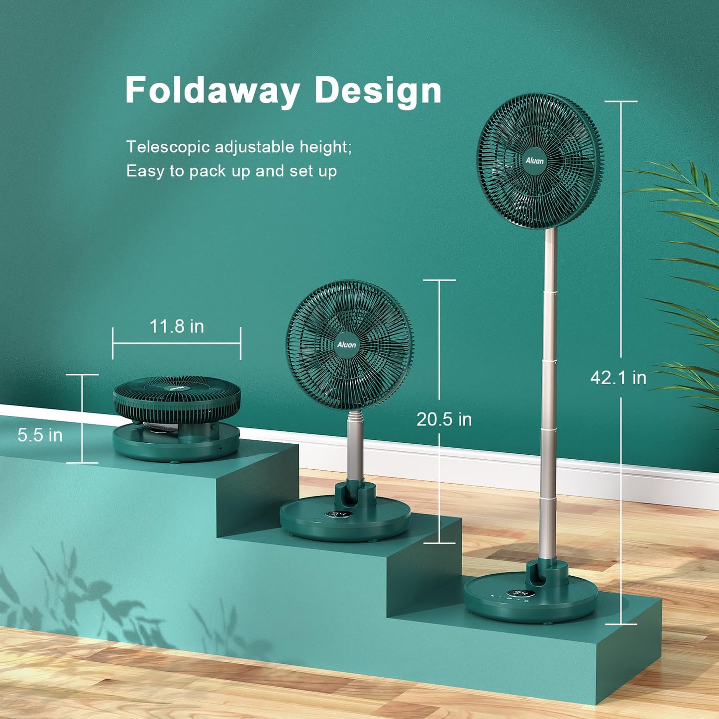 Aluan 12" Quiet Oscillating Fan with 12000mAh Rechargeable Battery, Foldaway Standing/Table Fan with Remote Control, 6 Speeds Portable Pedestal Fan with Adjustable Height for Home Travel, Dark Green