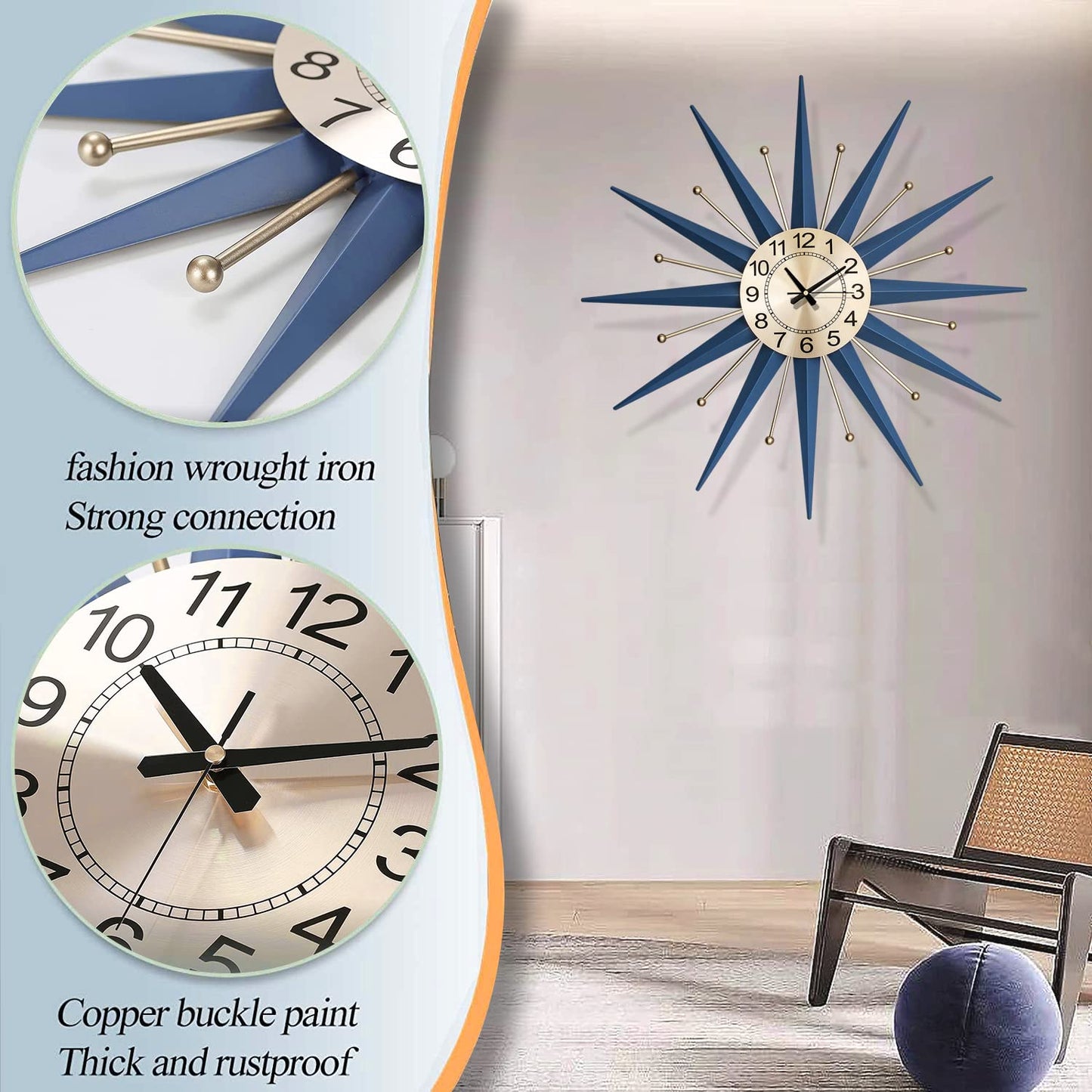 HAOWANJP Large Wall Clock Metal Decorative, Mid Century Silent Non-Ticking Big Clocks, Modern Home Decorations for Living Room,Bedroom,Dining Room, Office, 22 Inch