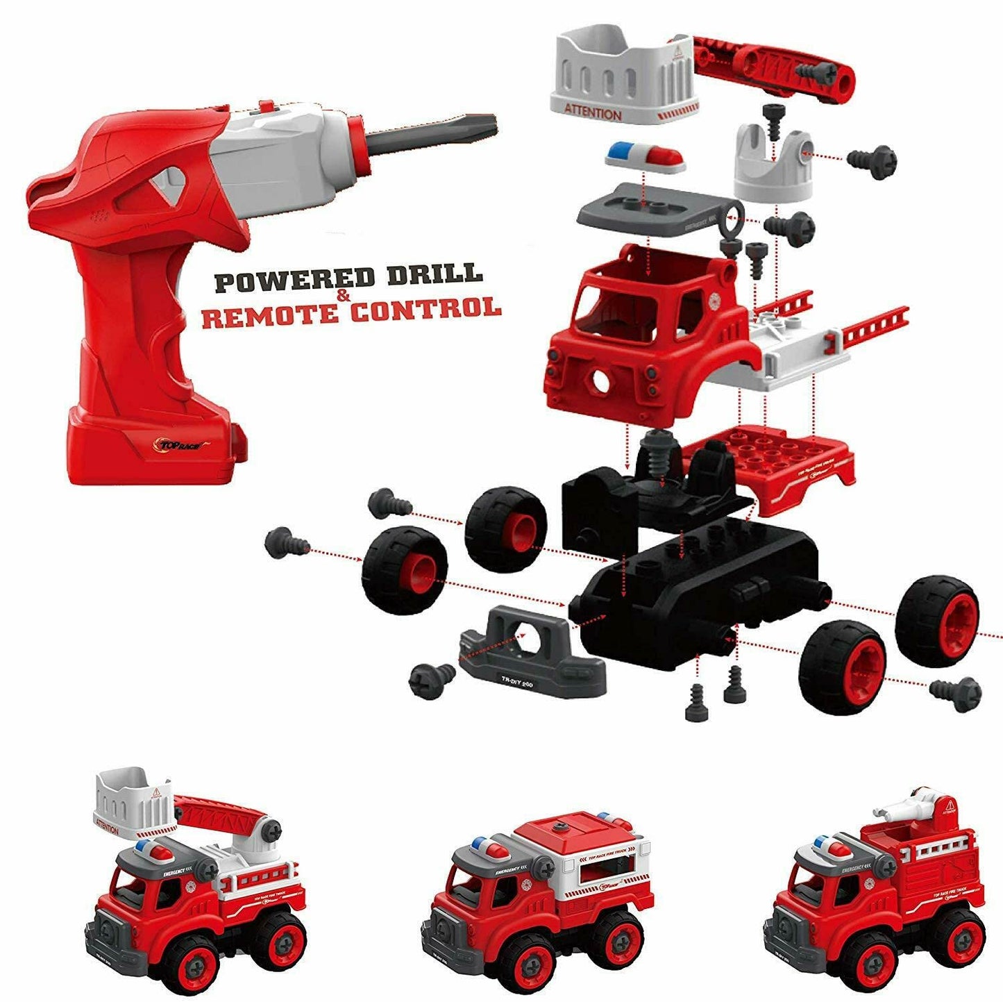Top Race Firetruck Toy with Battery Powered Drill β Heavy Duty 3-in-1 Take Apart Truck and Remote Control β Easy to Assemble Toy Firetrucks for Kids (Ages 3 and Above), Construction Toys, Toy Car