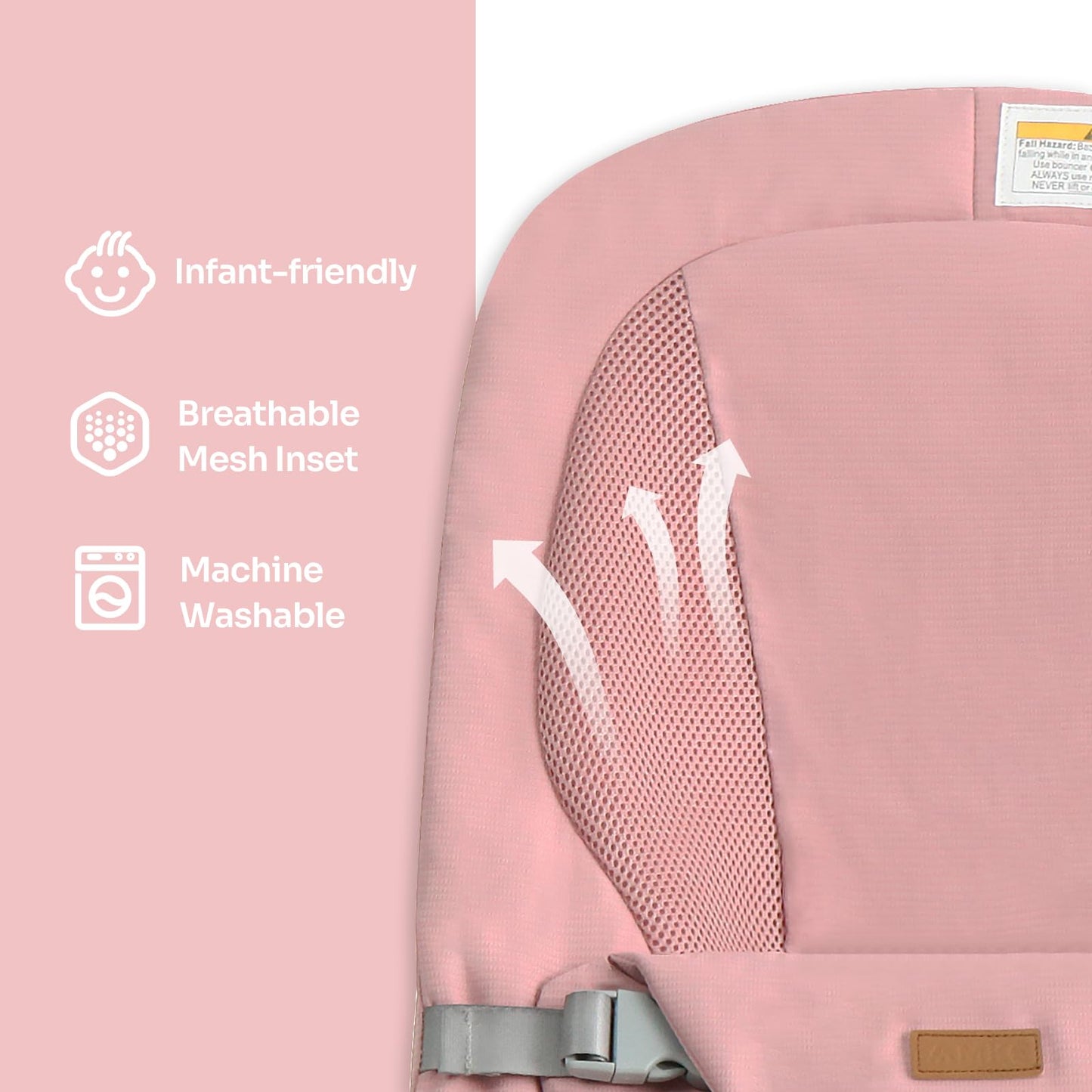 AMKE CooCon Baby Bouncer,Ergonomic Bouncer Seat for Babies with 3 Recline Positions,Portable Newborn Bouncer Seat, Mesh Design Bouncers for Infants,Pink