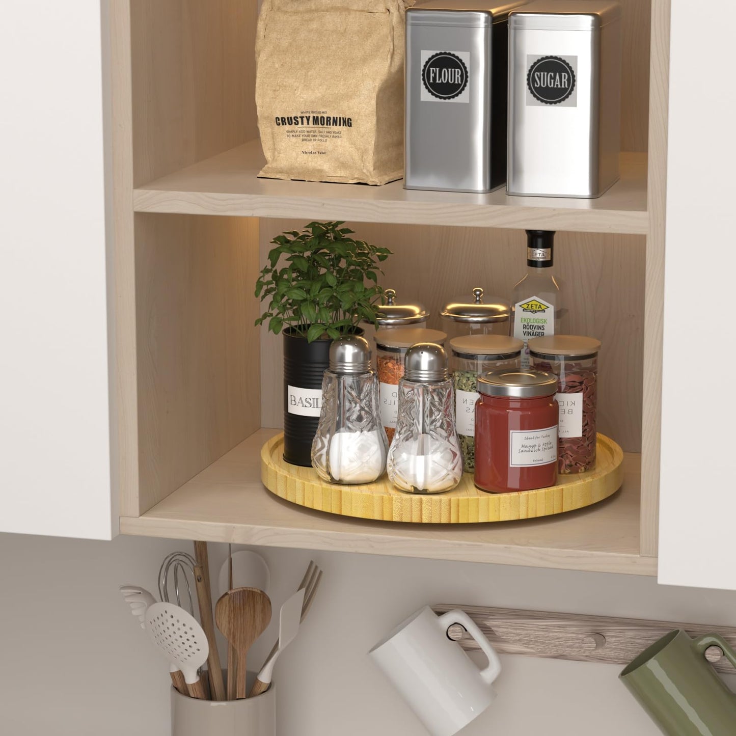 Lazy Susan Organizer for Table Cabinet, 12" Bamboo Kitchen Countertop Organizer for Salt Olive Oil and Pepper Counter Sink Trays Wooden Turntable for Spice Soap Bottles Dining Room Decor Beige