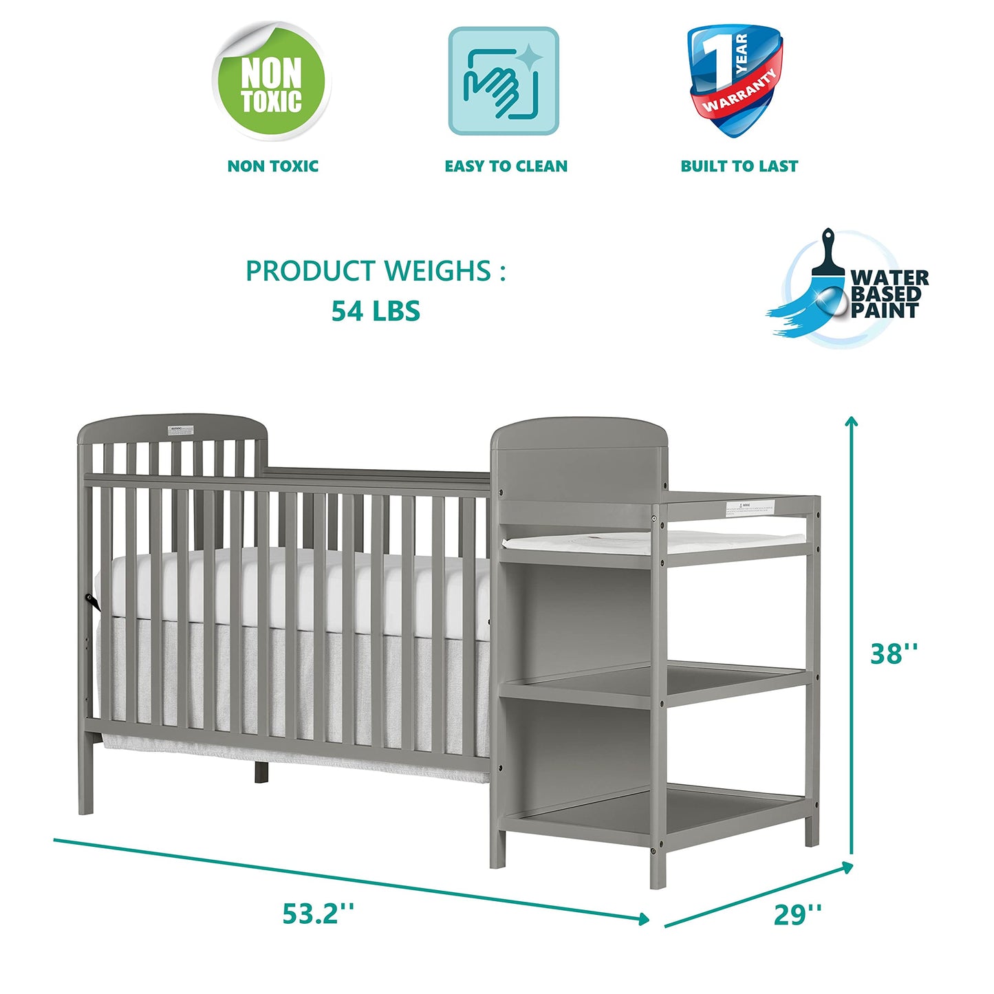 Dream On Me Anna 3-in-1 Full-Size Crib and Changing Table Combo in Steel Grey, Greenguard Gold Certified, Non-Toxic Finishes, Includes 1" Changing Pad, Wooden Nursery Furniture