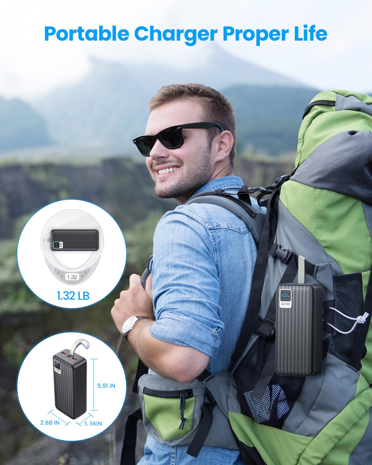 PDBEST Portable Charger Power Bank 50000mah - PD 22.5W USB C Charger, QC 4.0 Fast Charging Battery Pack with LED Display 3 Outputs for iPhone, Samsung, iPad etc.