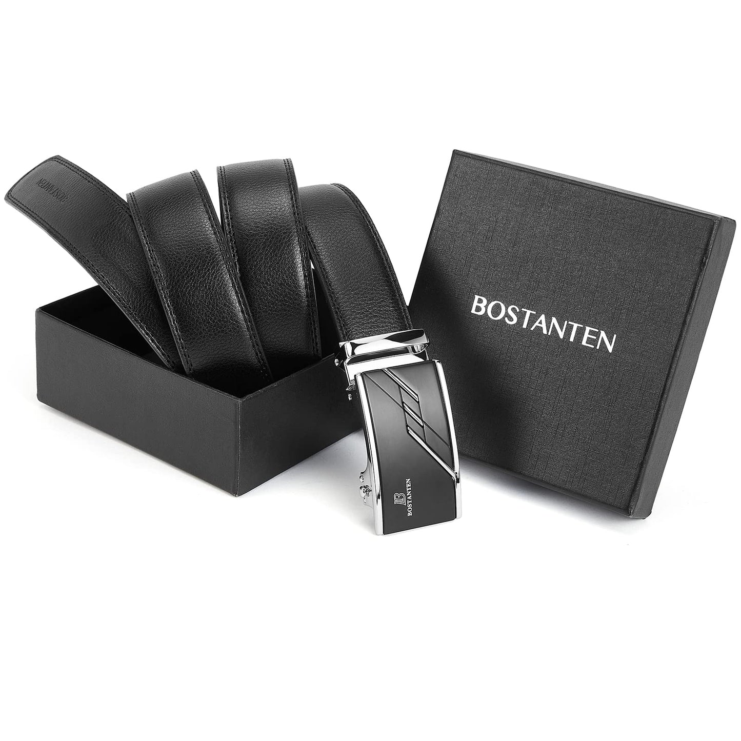 BOSTANTEN Belt for Men Leather Ratchet Dress Belt with Automatic Sliding Buckle 1 3/8", Trim to Fit