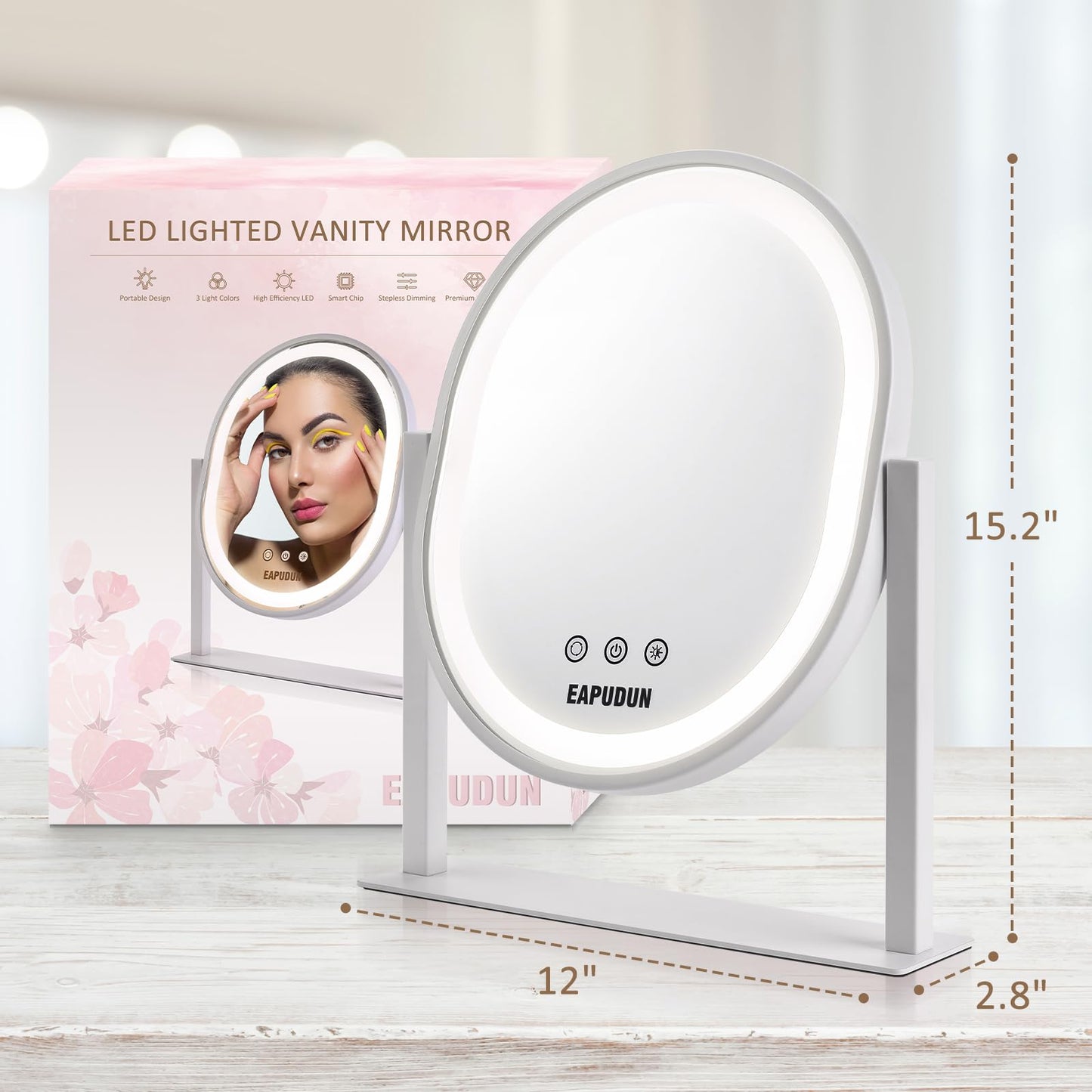 EAPUDUN Oval Vanity Mirror with Lights 3 Colors Modes Hollywood Lighted Makeup Mirror with Smart Touch Control Brightness Adjustable & 360°Rotation