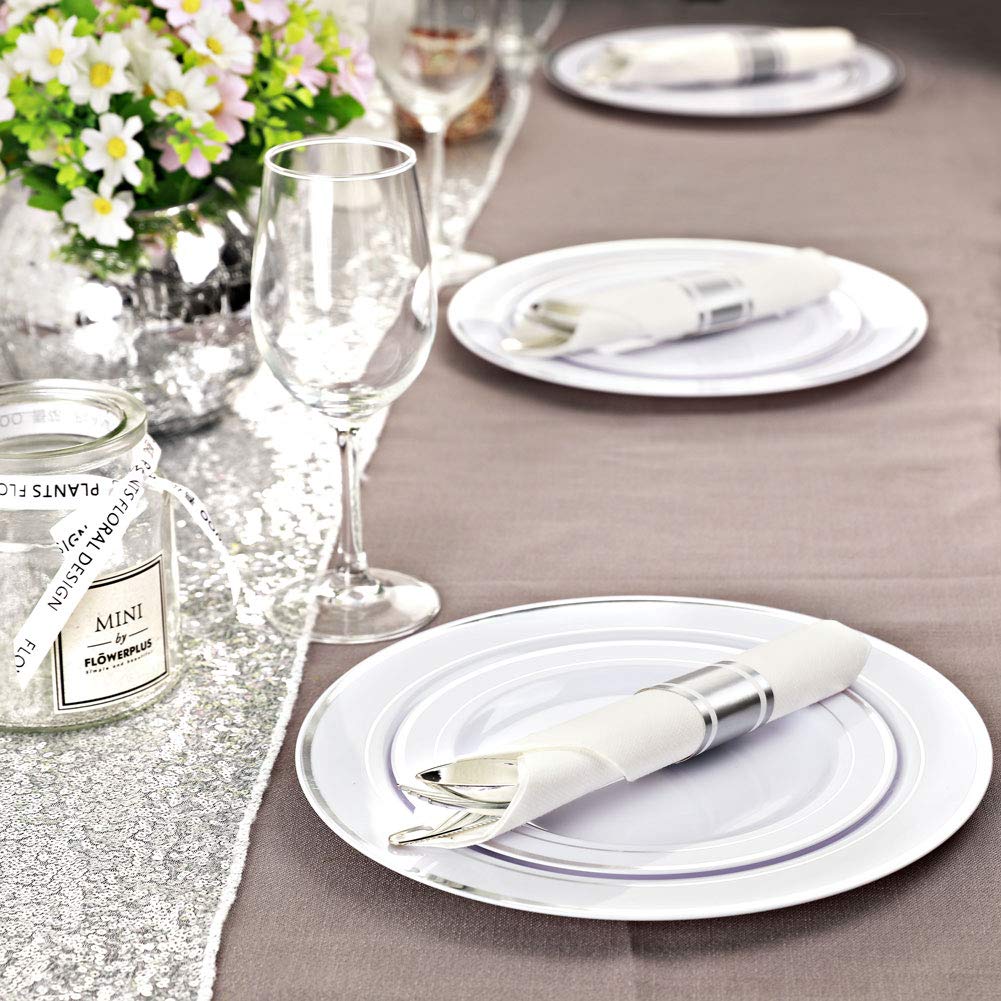 Liacere 30 Pack Silver Plastic Silverware Set with Pre Rolled Napkins - Heavy Duty Disposable Silver Plastic Utensils - Include 90PCS Silver Plastic Cutlery, 30Napkins for Wedding & Party