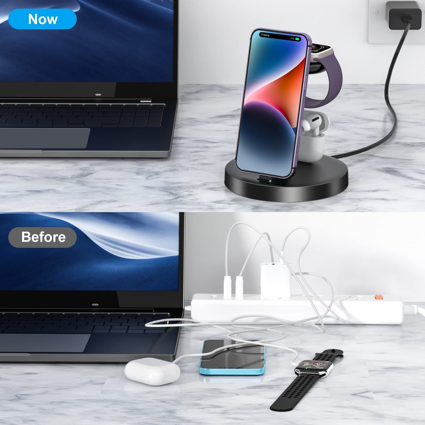 3 in 1 Charging Station, ORIEMAC Wireless Charger for Apple Watch Series 8/7/6/5/4/3/2/SE, Charging Dock Stand for AirPods iPhone 14/13/12/11/Pro/Pro Max/XS/XR/X/8 with 15W Adapter