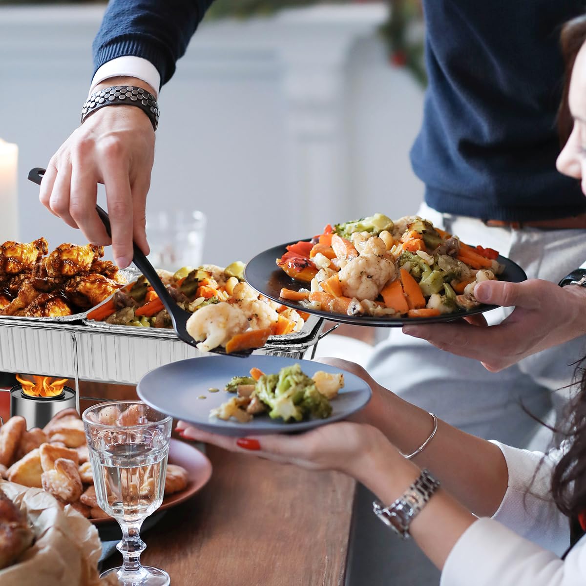 Disposable Chafing Dish Buffet Set, 33 Piece of Chafing Servers with Food Warmers, Covers, Half-Size Food Pans, Water Trays, Serving Utensils, Foil Lids and 2.5H Fuel Cans for Parties, Catering