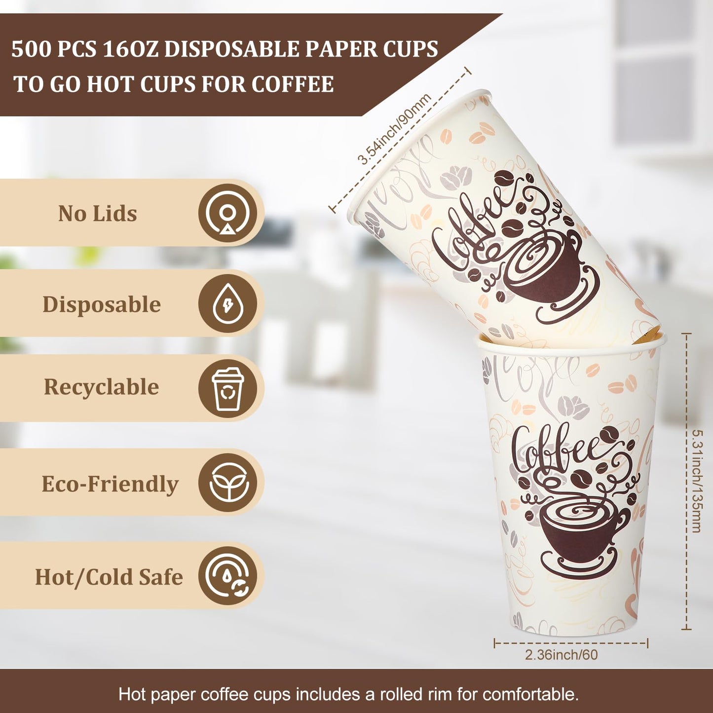 Gerrii 500 Pack Disposable Coffee Cups, Paper Coffee Cups Hot/Cold Beverage Drinking Cups for Everyday Use, Party, Picnic, Cafe, Catering, and Events (16 oz)