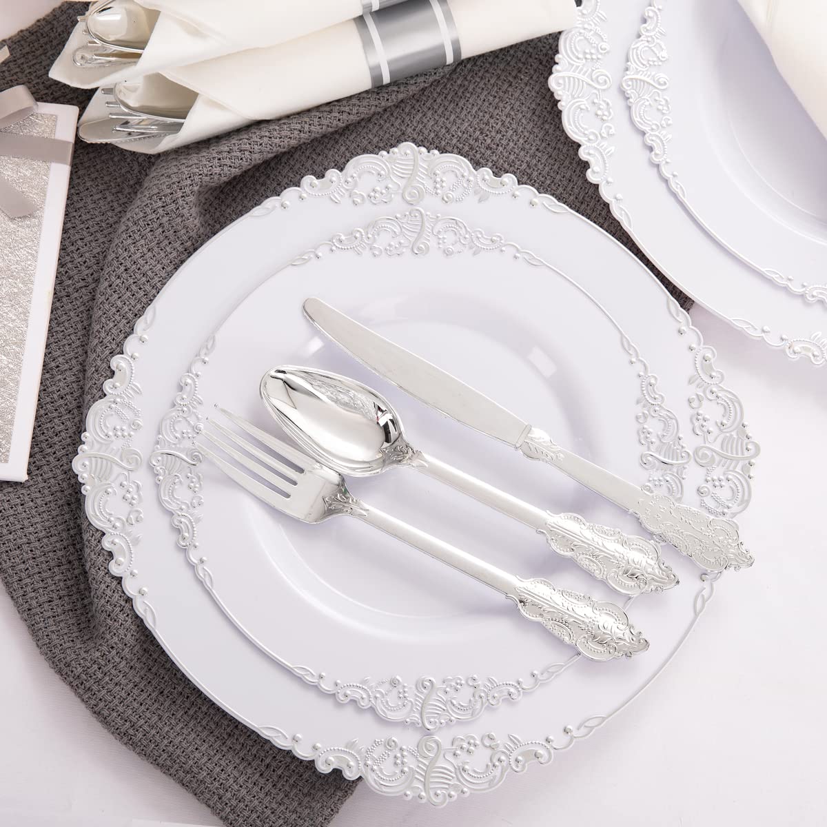 Liacere 30 Pack Silver Plastic Silverware Set with Pre Rolled Napkins - Heavy Duty Disposable Silver Plastic Utensils - Include 90PCS Silver Plastic Cutlery, 30Napkins for Wedding & Party