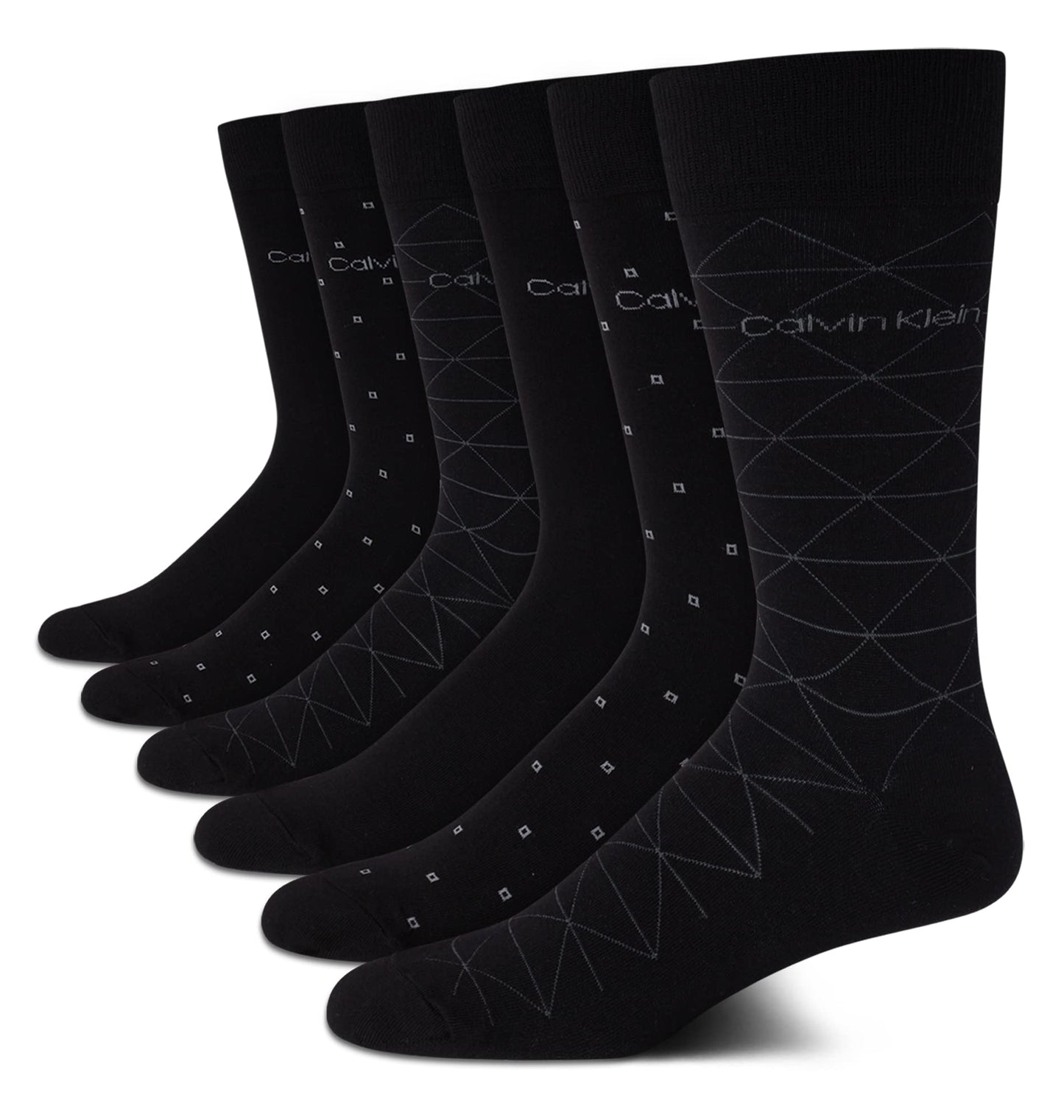Calvin Klein Men's 6 Pack Mixed Pattern Dress Socks, Size 4-12, Black Assorted