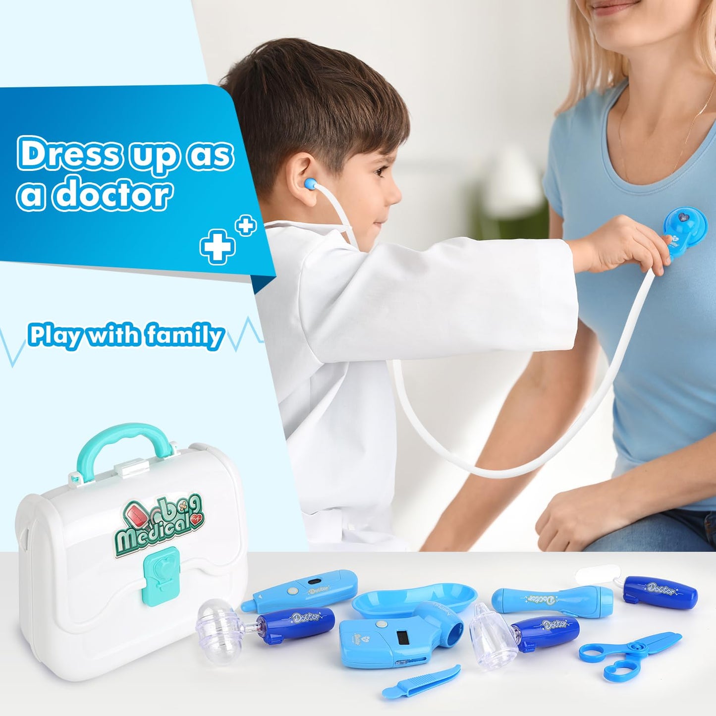Doctor Kit Toy for Kids Pretend Play Doctor Playset, Toddlers Toys Medical Set for Dress Up Preschool Role Play Birthday Gifts Boy Age 3 4 5 6 7 Year Old Educational Doctor Costume Kits Role Play Blue