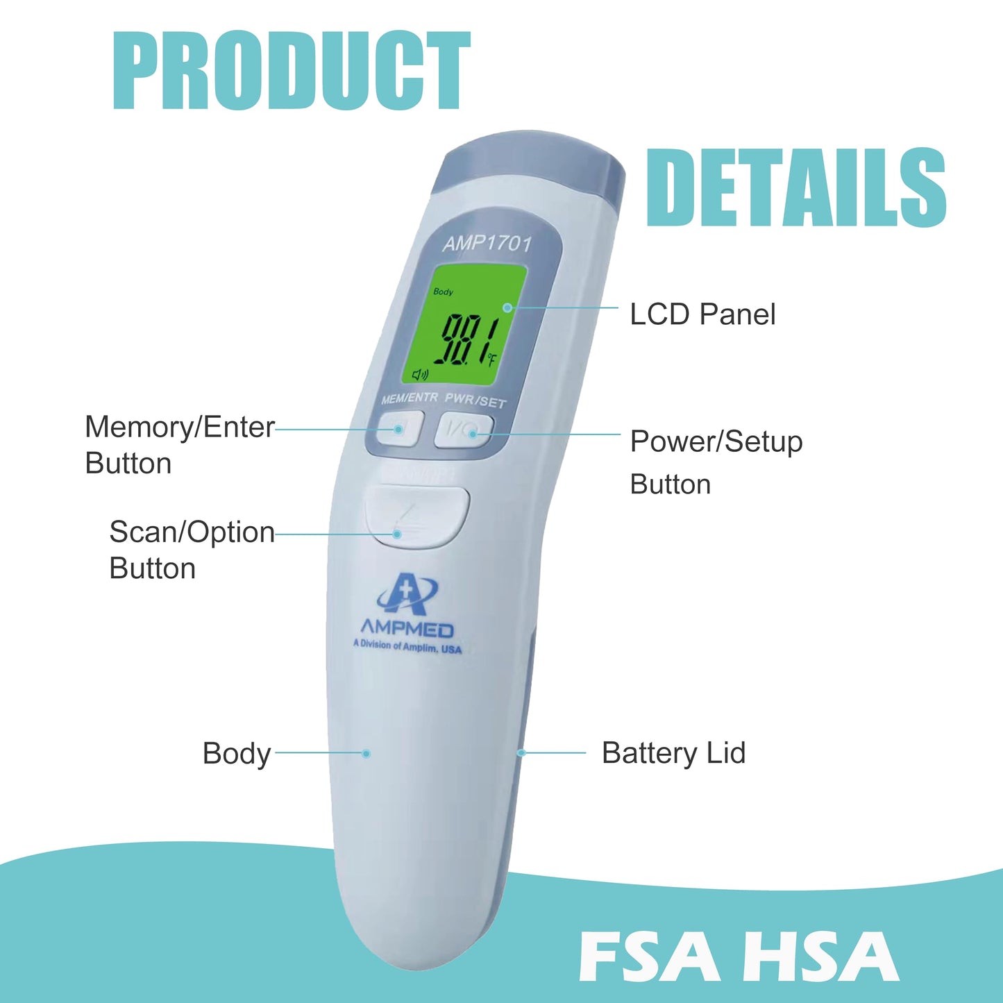 Amplim Non-Contact Forehead Thermometer for Kids and Adults - Touchless Fever Thermometer with Temporal Head Function – AmpMed No-Touch Digital Baby Thermometer for Accurate Temperature Reading