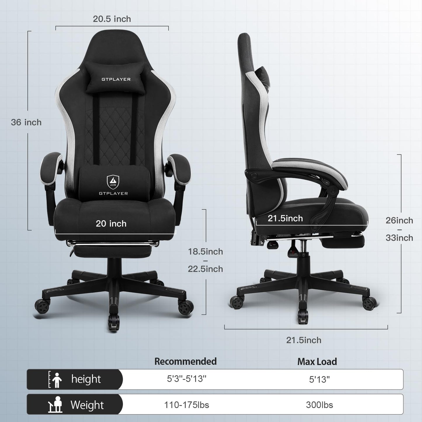 GTPLAYER Gaming Chair with Footrest Fabric Office Chair with Pocket Spring Cushion and Linkage Armrests, High Back Ergonomic Computer Chair with Lumbar Support Task Chair (Black)