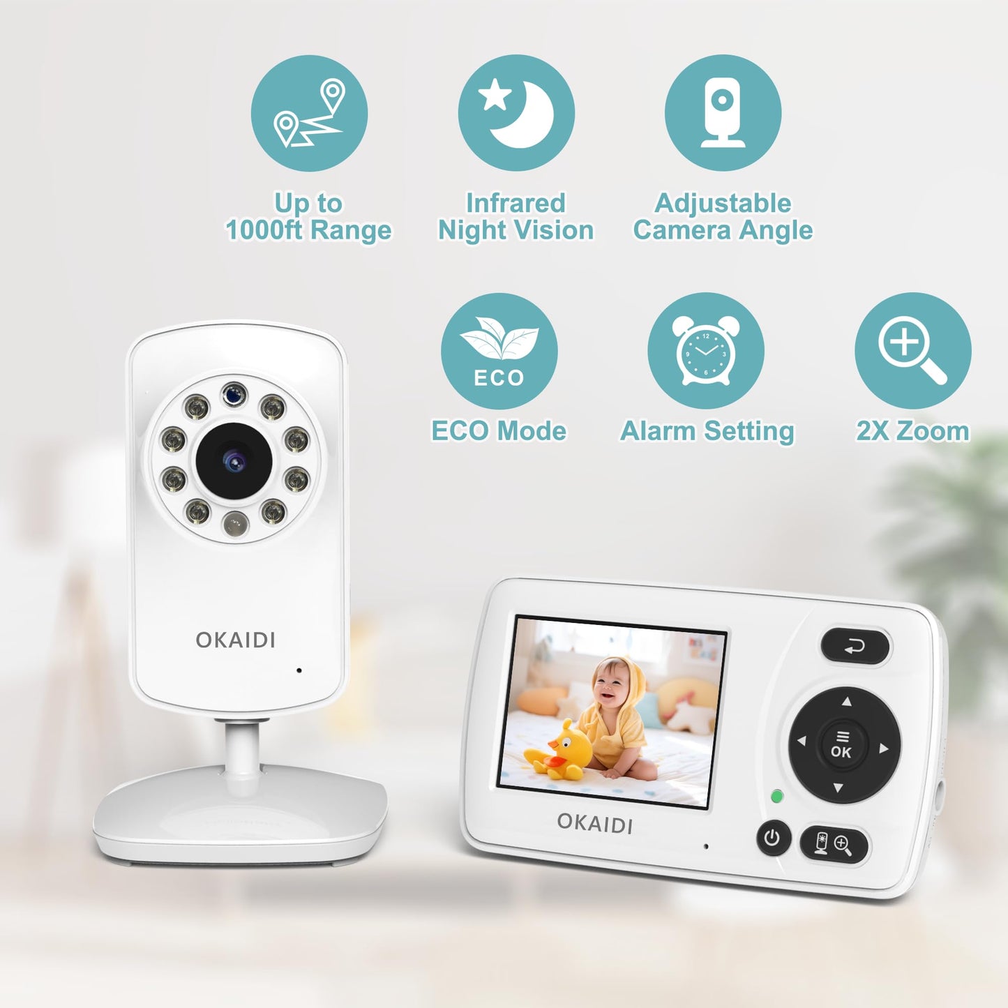 OKAIDI Video Baby Monitor with Camera and Audio, 2.4'' Portable Travel Screen, 1000ft Long Range Transmission, Baby Monitor No WiFi, Infrared Night Vision, VOX Mode, 20H Battery, Smart Alert