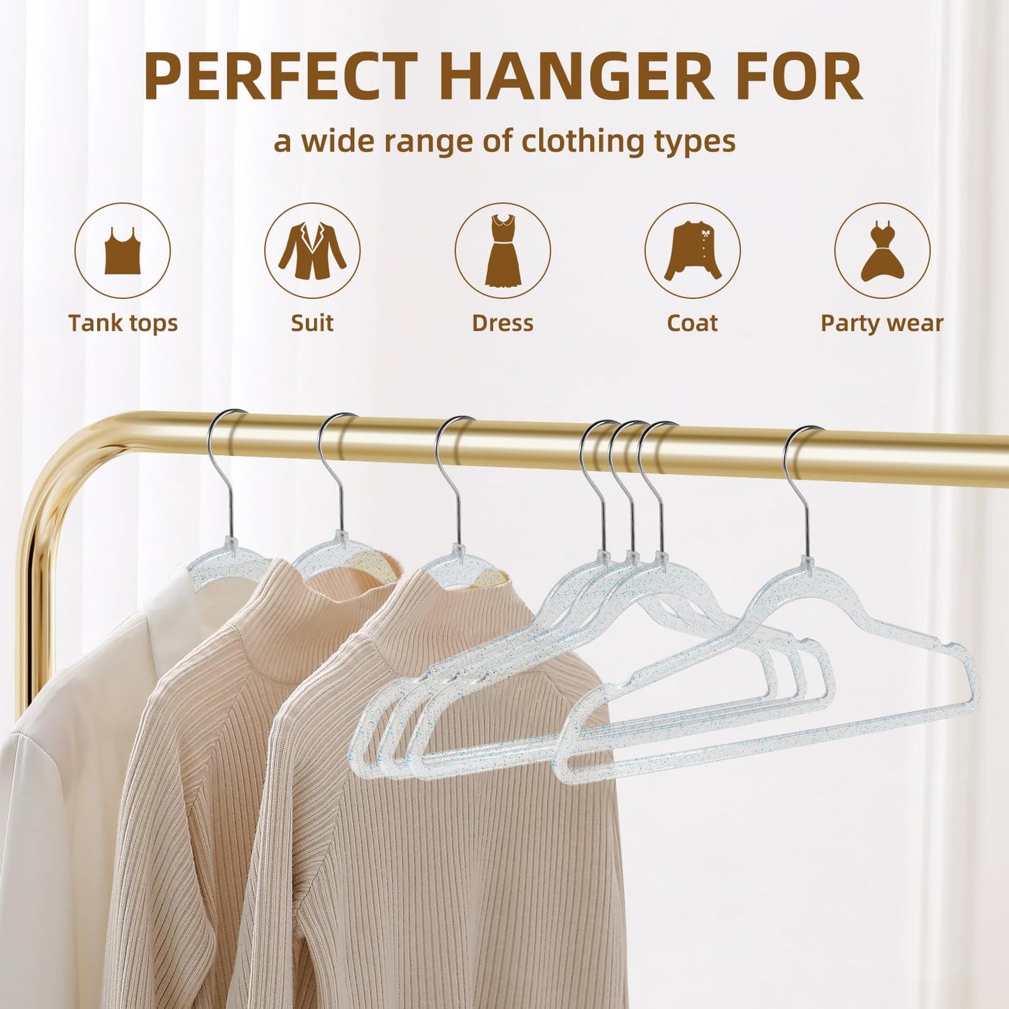 Clear Plastic Hangers 20 Pack - Non-Slip Coat and Clothes Hangers with Bling Glitter for Weddings - Lightweight and Space Saving Hangers for Closet Organization (Blue Glitter)